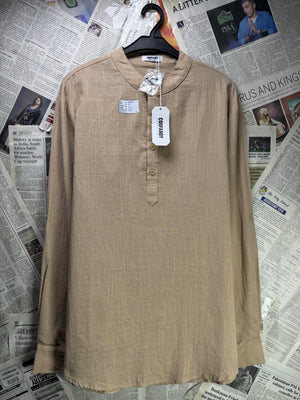 Coofandy® Small | Chest: 21" | Beige | Band Collar Half Placket Shirt | Cotton - Hemp | 3268 - Genuine Maal