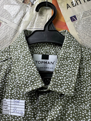 Topman® Small | Chest: 20.5" | Moss Green with White Print | Shirt | Cotton | 3339 - Genuine Maal