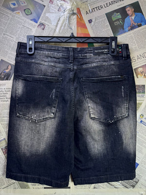 A.Zavetti® Waist: 32" to 34" | Black | Distressed Denim Shorts | Cotton - Poly - Visc - Elastane | 1344 - Genuine Maal