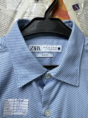 Zara® Small | Chest: 19.5" | Ligth Blue with Black Polka Dots | Shirt | Cotton - Poly | 4018 - Genuine Maal