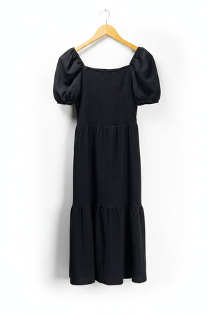 F&F® XS | Bust: 14.5" | Solid Jet Black - Seersucker | Midi Dress | B4 - 5473 - Genuine Maal