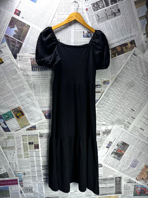 F&F® XS | Bust: 14.5" | Solid Jet Black - Seersucker | Midi Dress | B4 - 5473 - Genuine Maal