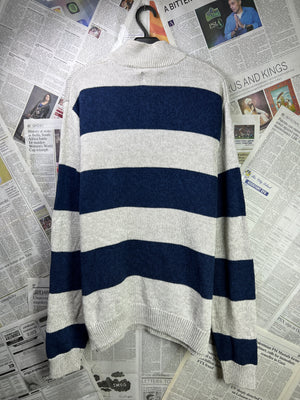 CHAPS® Large | Chest: 24" | Beige & Blue | Knit Quarter Zip Sweater | Cotton | 1836 - Genuine Maal