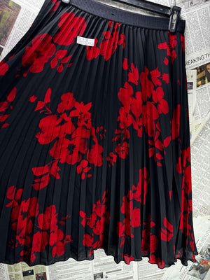 H&M® Waist: 32" | Large - Scale Floral Jet Black and Crimson Red | Midi Skirt | B7 - 3045 - Genuine Maal