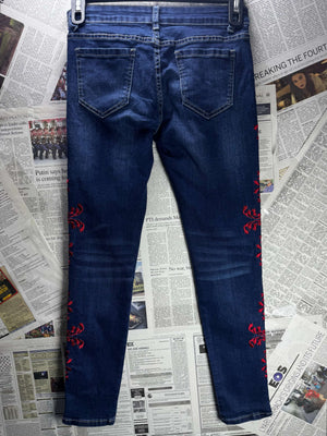 Mulaya® Waist: 28" | Embroidered Floral Blue | Denim Pants | B7 - 3050 - Genuine Maal