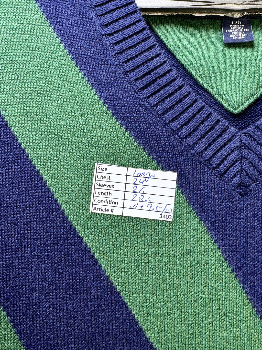 T*mmy Hilfiger® Large | Chest: 24" | Blue & Green Striped | Warm Knit Sweater | Cotton | 3403 - Genuine Maal