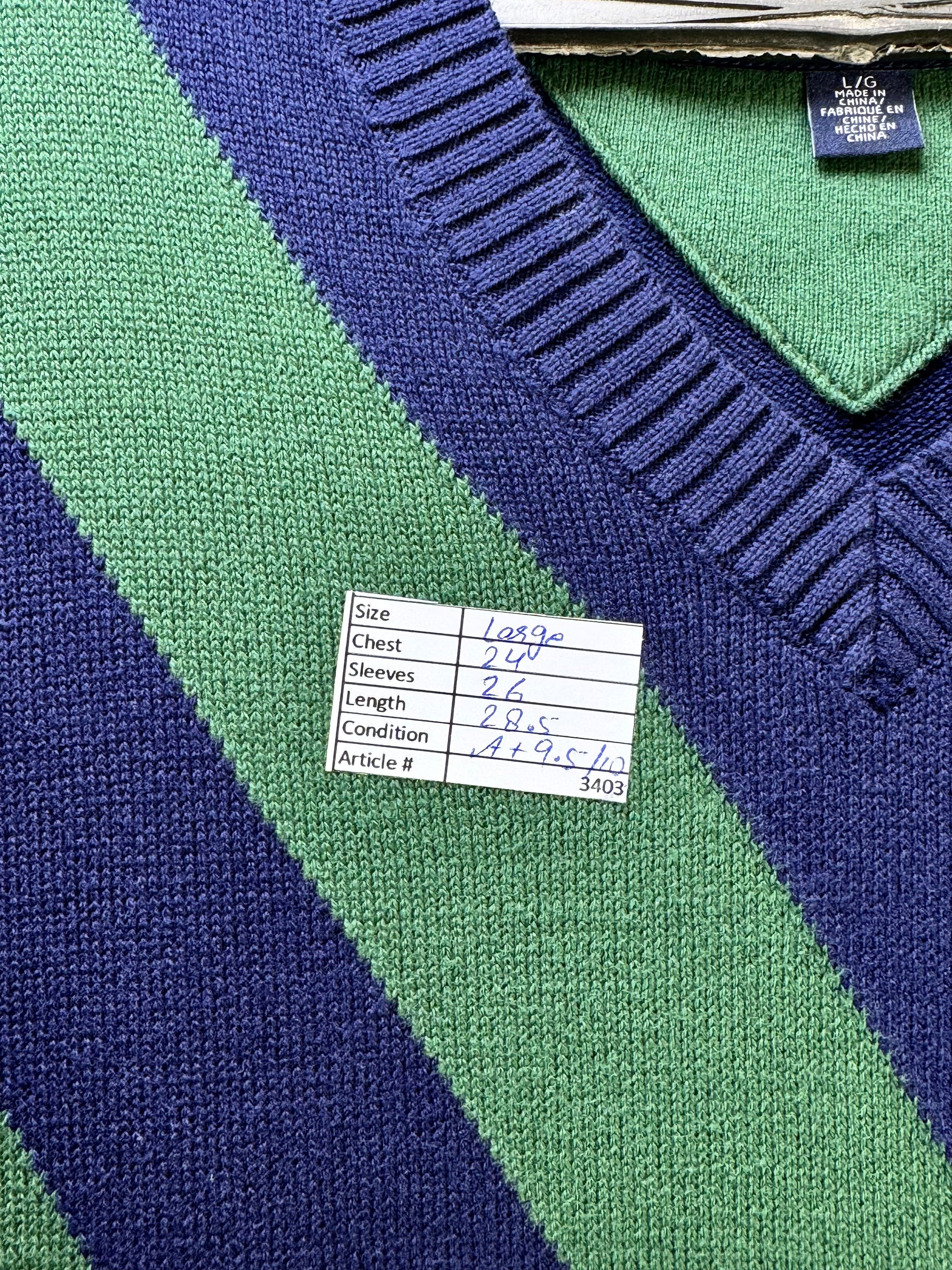 T*mmy Hilfiger® Large | Chest: 24" | Blue & Green Striped | Warm Knit Sweater | Cotton | 3403 - Genuine Maal