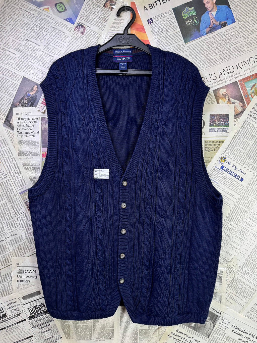 GANT® XL | Chest: 25” | Navy blue | Hand Framed Knit Sleeveless Cardigan | Cotton | 3428 - Genuine Maal