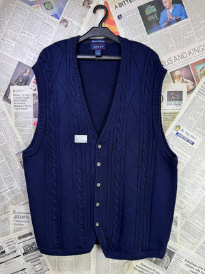 GANT® XL | Chest: 25” | Navy blue | Hand Framed Knit Sleeveless Cardigan | Cotton | 3428 - Genuine Maal