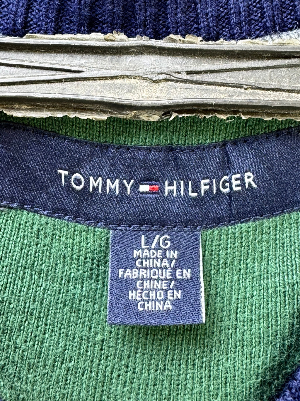 T*mmy Hilfiger® Large | Chest: 24" | Blue & Green Striped | Warm Knit Sweater | Cotton | 3403 - Genuine Maal