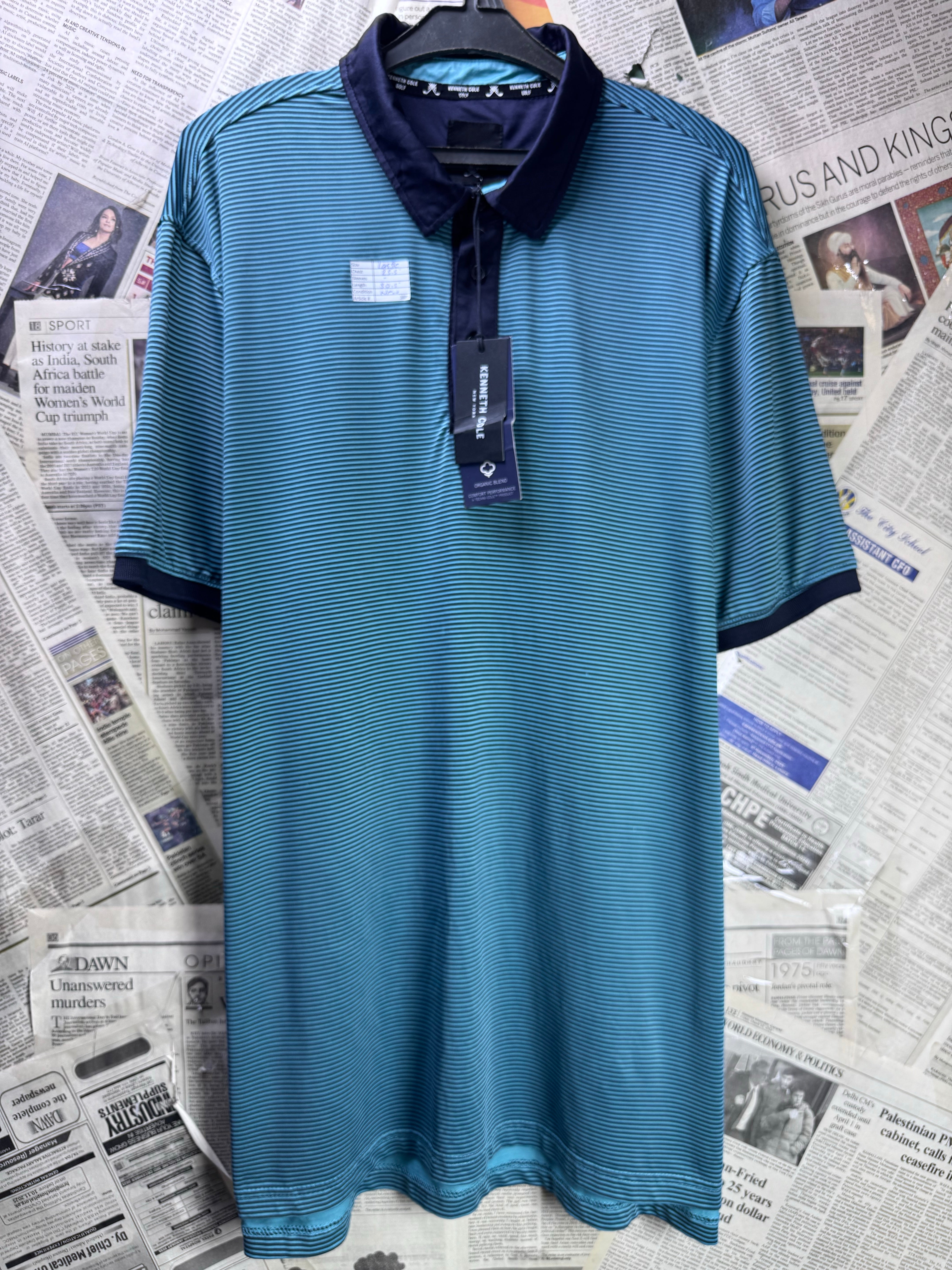 Kenneth Cole® Large | Chest: 23.5" | Cyan Stripe | Golf Polo | Poly - Spandex | 3888 - Genuine Maal