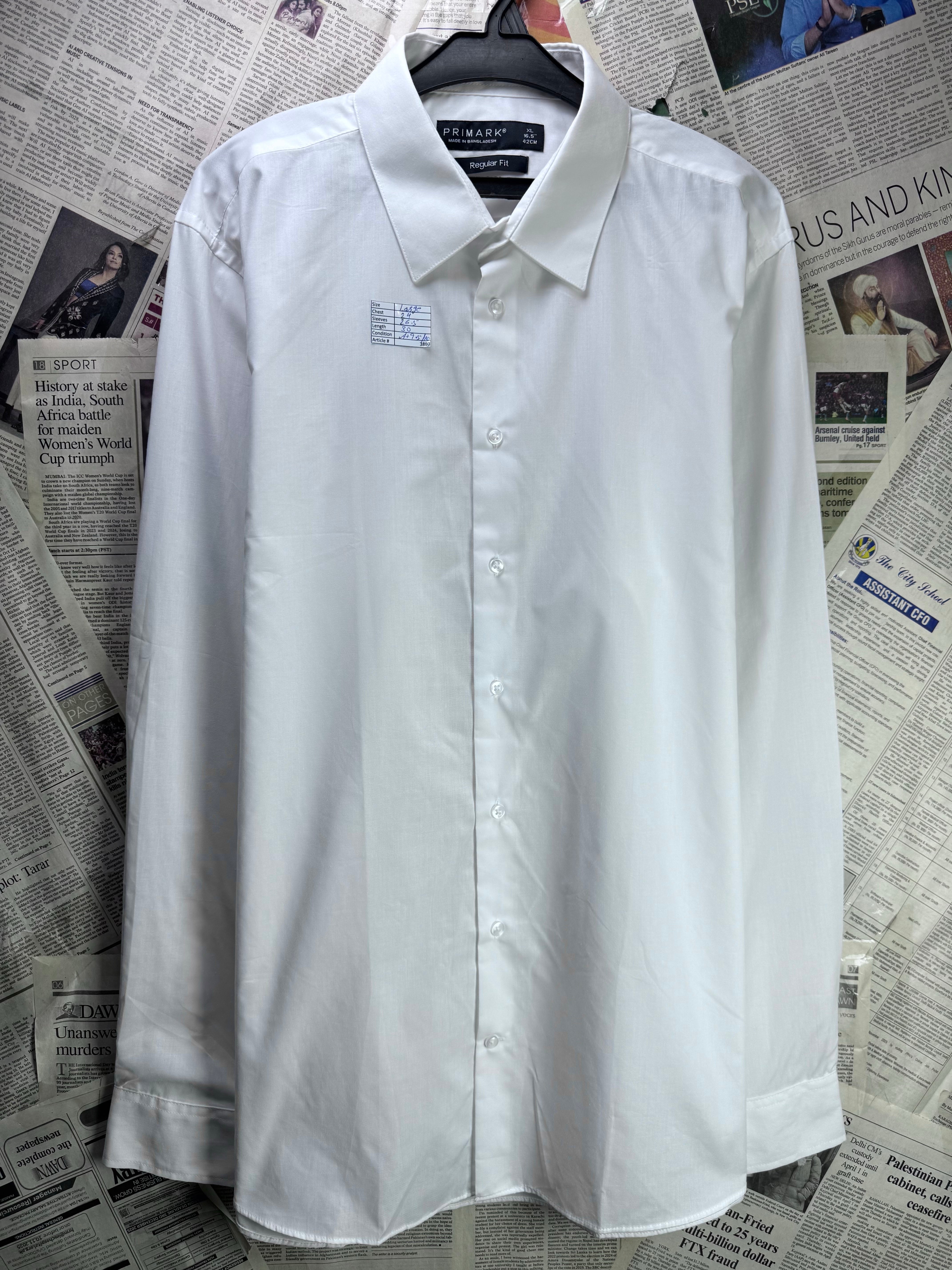 Primark® Large | Chest: 24" | White | Collar 16.5" Shirt | Poly - Cotton | 3880 - Genuine Maal