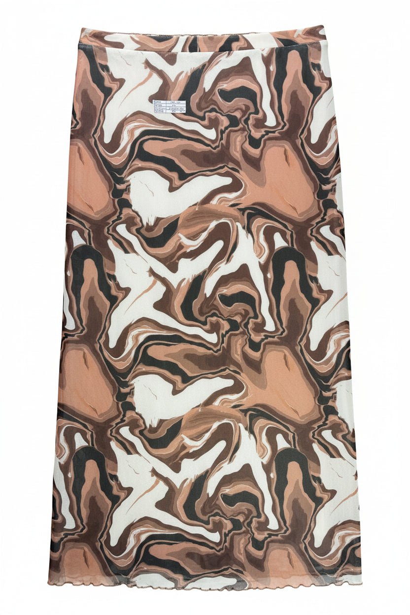 Stradivarius® Waist: 28" to 30" | Wavy Print Brown | Midi Skirt | B8 - 2502 - Genuine Maal