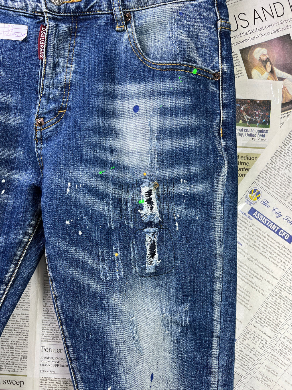 Women - DSQUARED® Waist: 34" | Blue | Distressed Denim Slim Fit Pants | 2598 | Made in Italy - Genuine Maal