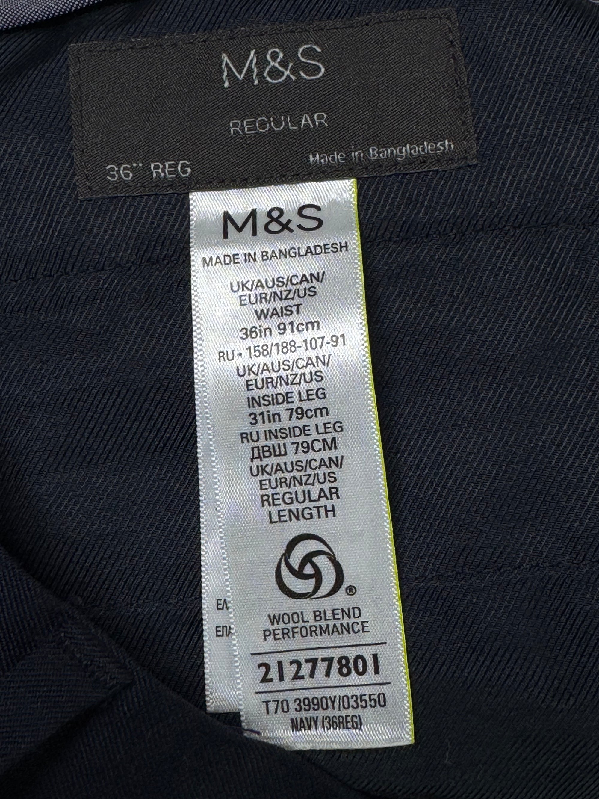 M&S® Waist: 36" | Navy Blue | Dress Pant | Fit: Regular | Wool Blend | 971 - Genuine Maal