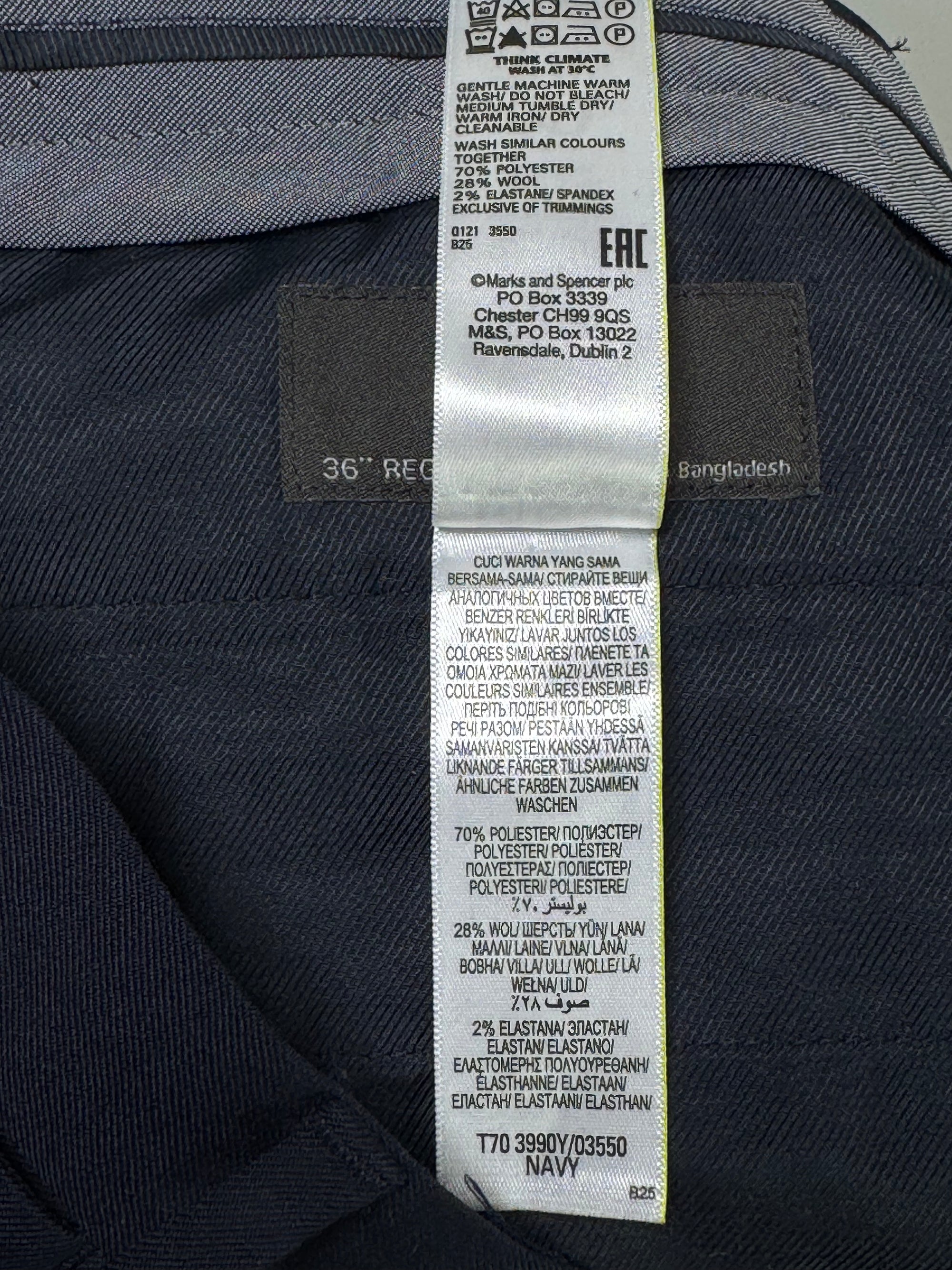 M&S® Waist: 36" | Navy Blue | Dress Pant | Fit: Regular | Wool Blend | 971 - Genuine Maal