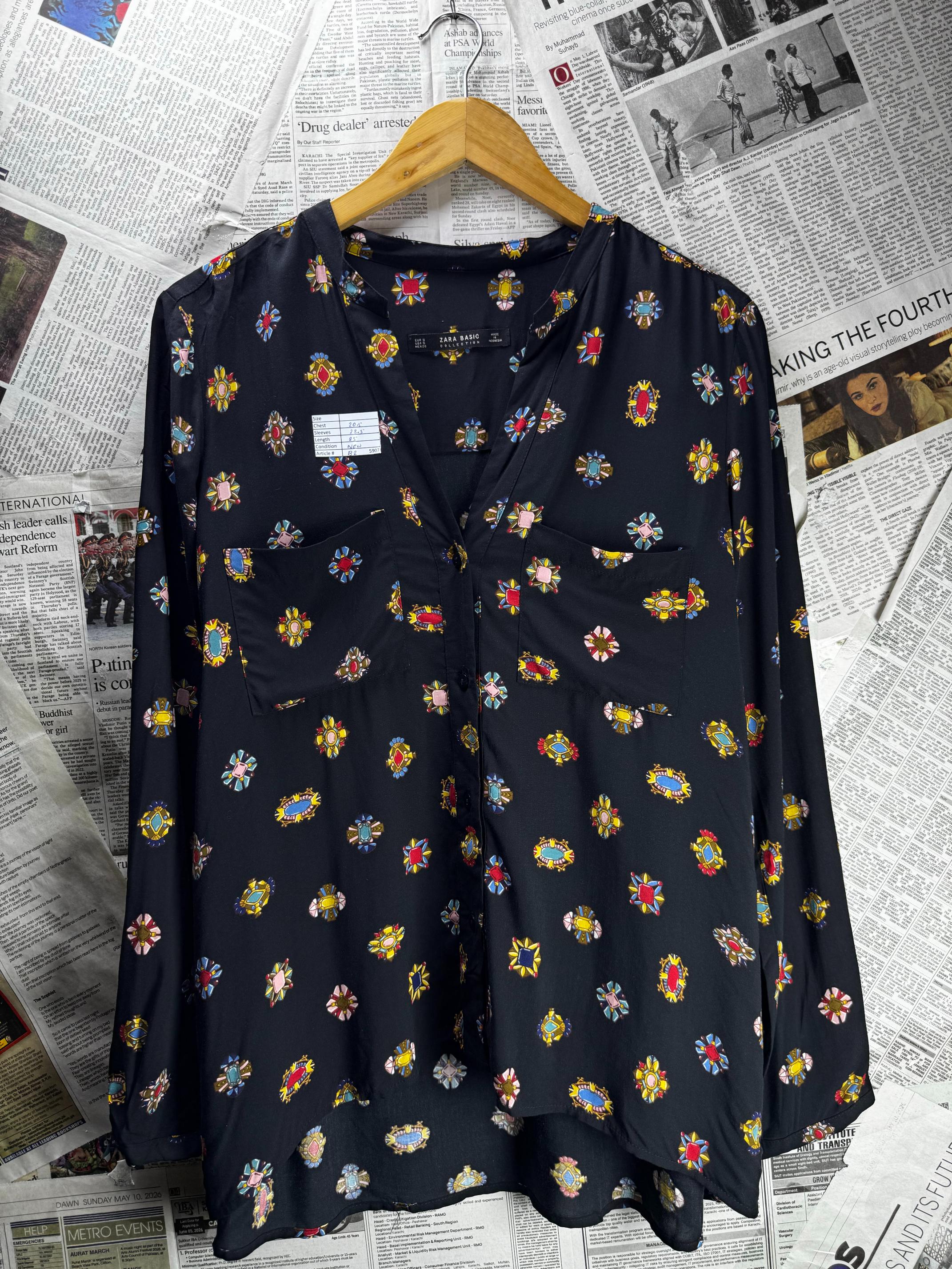 Zara® Large | Bust: 20.5" | Geometric Floral | Blouse Shirt | B2 - 5907 - Genuine Maal