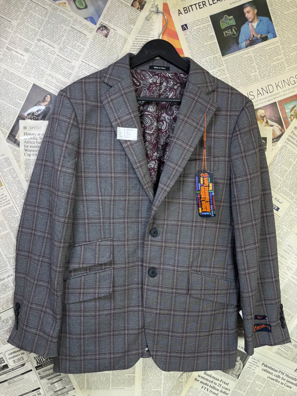 Egara® Small | Chest: 21" | Grey Plaid With Maroon And Blue Accents | Fit: Slim | Coat | Poly - Viscose Blend | 3200 - Genuine Maal