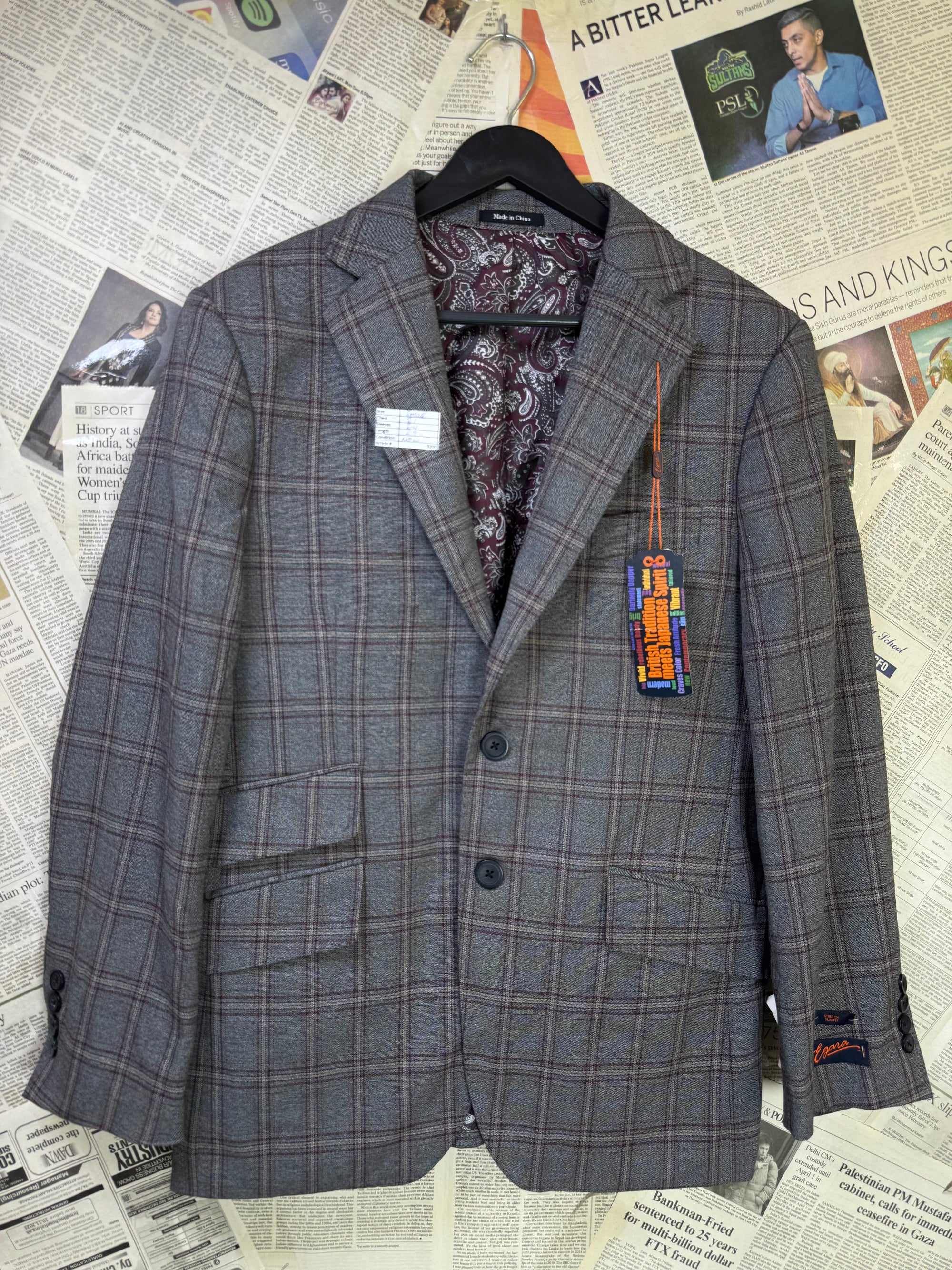 Egara® Small | Chest: 21" | Grey Plaid With Maroon And Blue Accents | Fit: Slim | Coat | Poly - Viscose Blend | 3200 - Genuine Maal