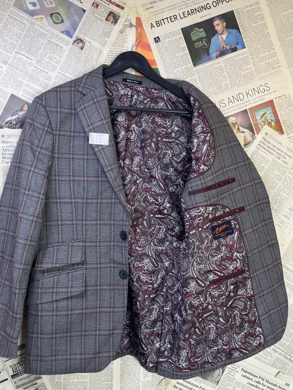 Egara® Small | Chest: 21" | Grey Plaid With Maroon And Blue Accents | Fit: Slim | Coat | Poly - Viscose Blend | 3200 - Genuine Maal