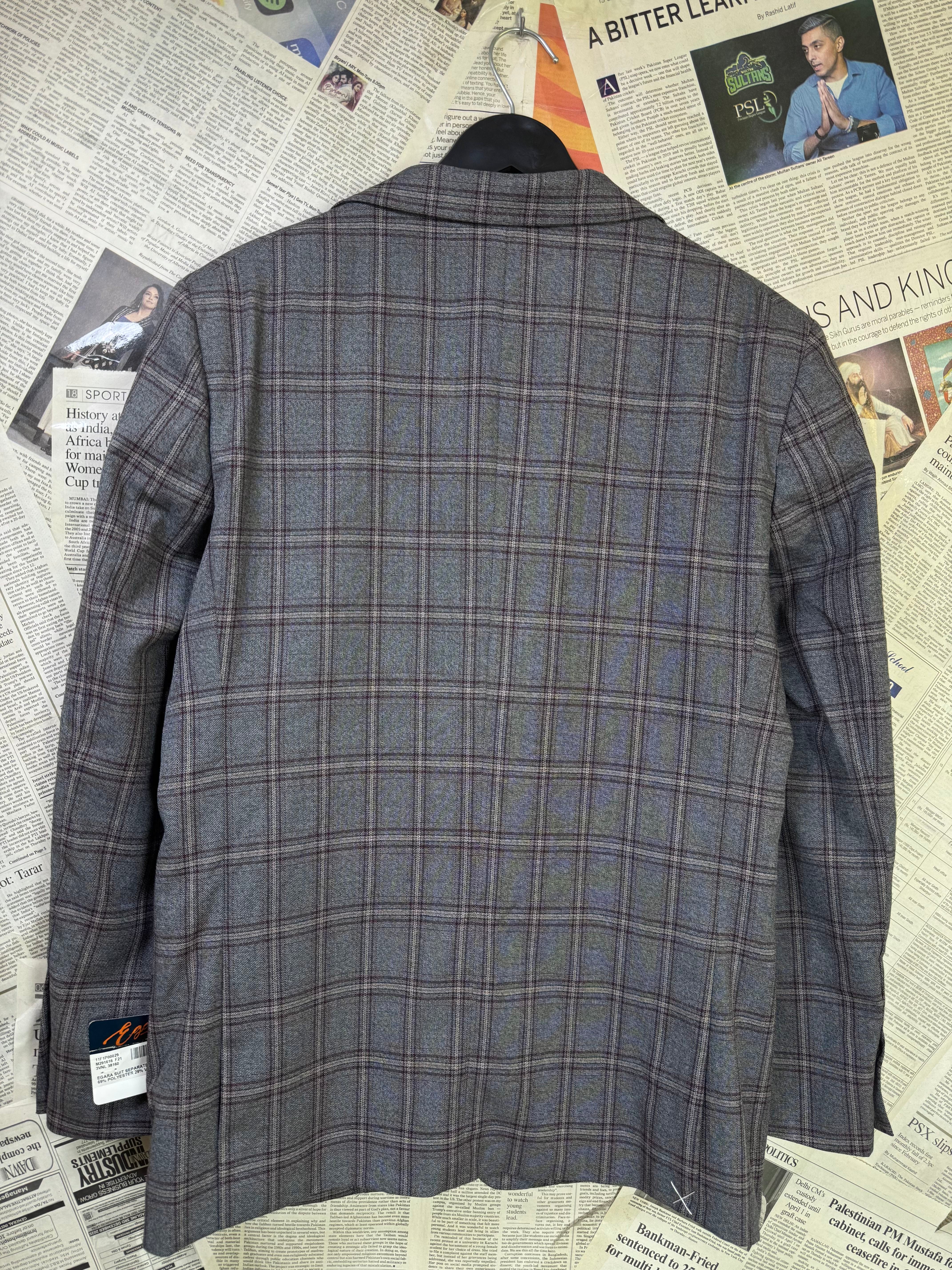 Egara® Small | Chest: 21" | Grey Plaid With Maroon And Blue Accents | Fit: Slim | Coat | Poly - Viscose Blend | 3200 - Genuine Maal