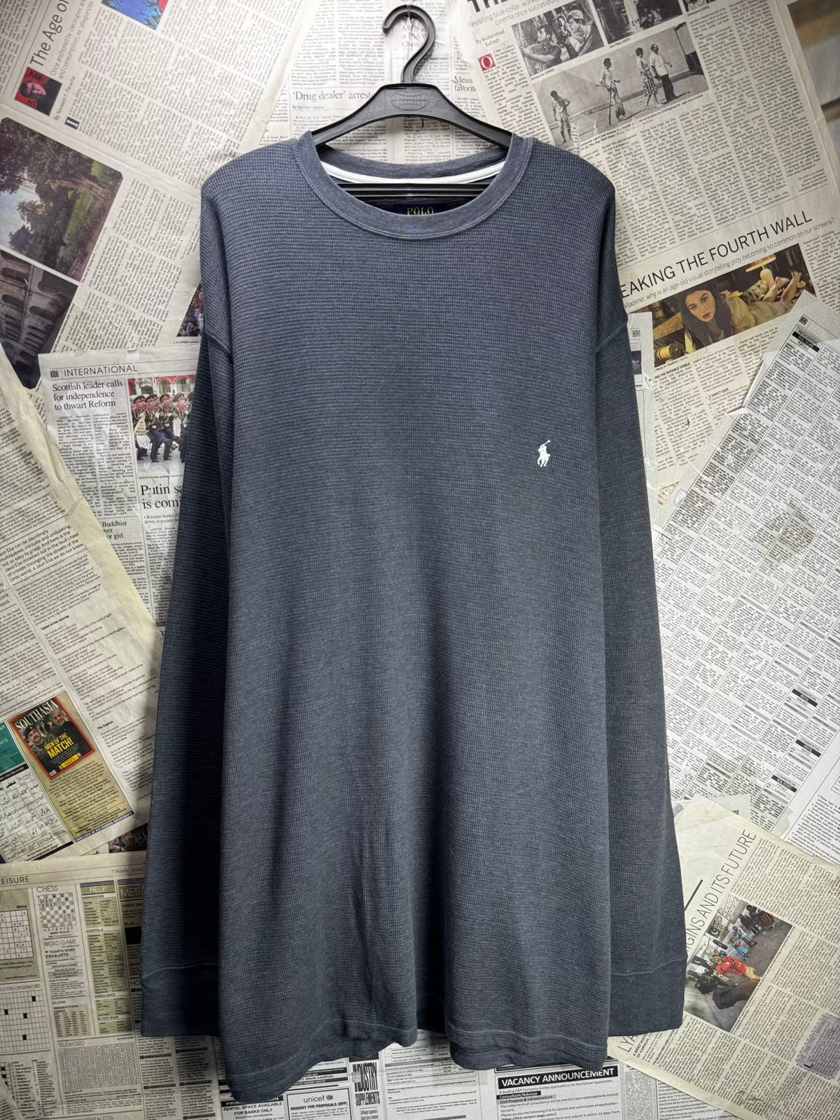 Polo Ralph Lauren® XXL | Chest: 27" | Grey | Waffle Knit Sleepwear Full Sleeves T-Shirt | Cotton-Poly | M28 - 7853 (Preloved)