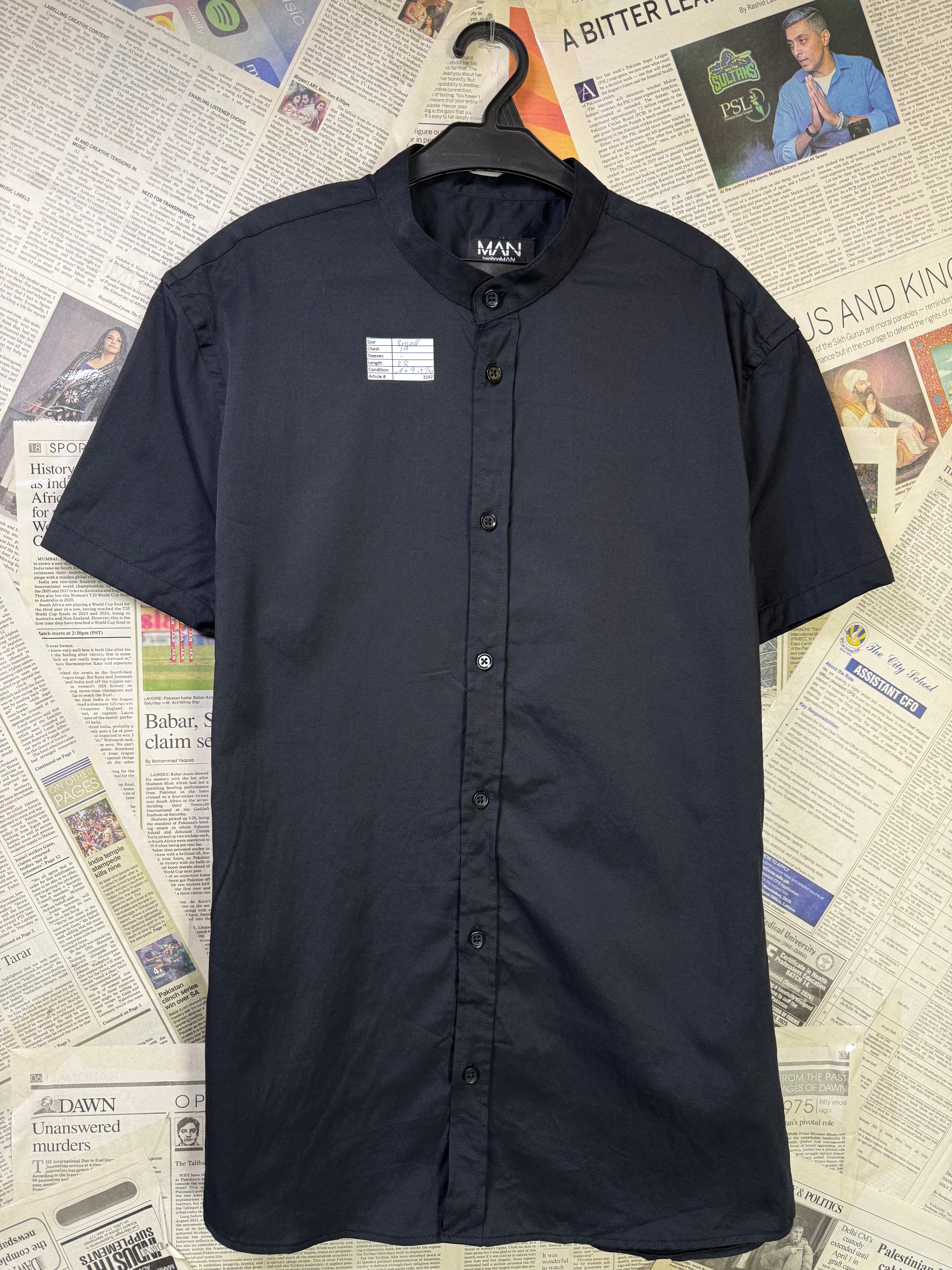 MAN® Small | Chest: 19" | Black | Band Collar Shirt | Cotton - Poly | 3182 - Genuine Maal