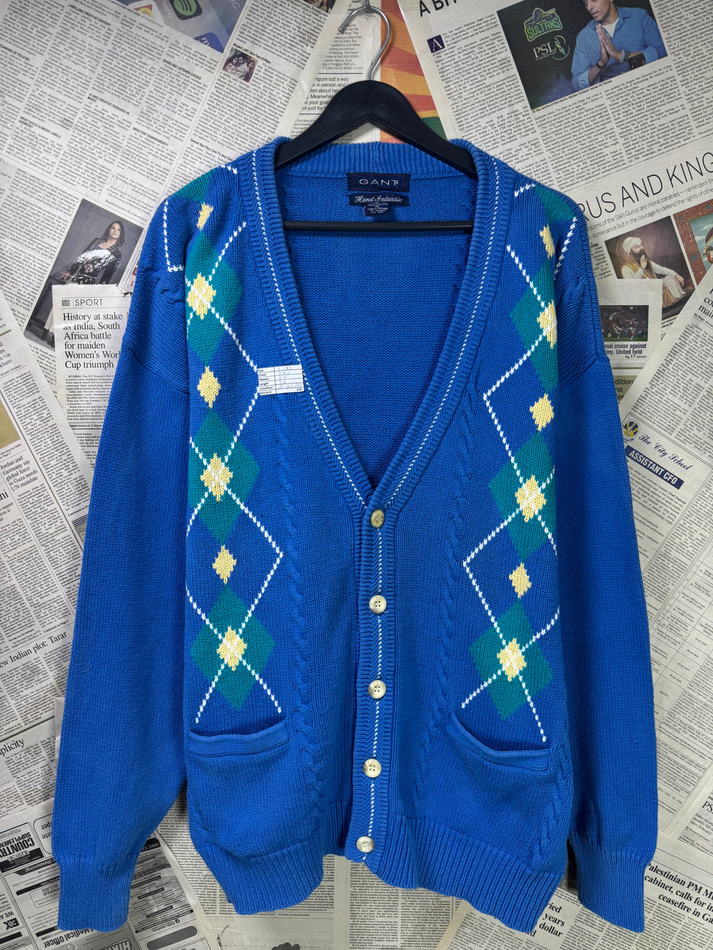 GANT® L/XL | Chest: 24.5" | Blue | Cable Knit Hand Intarsia Cardigen | Cotton | 3384 - Genuine Maal