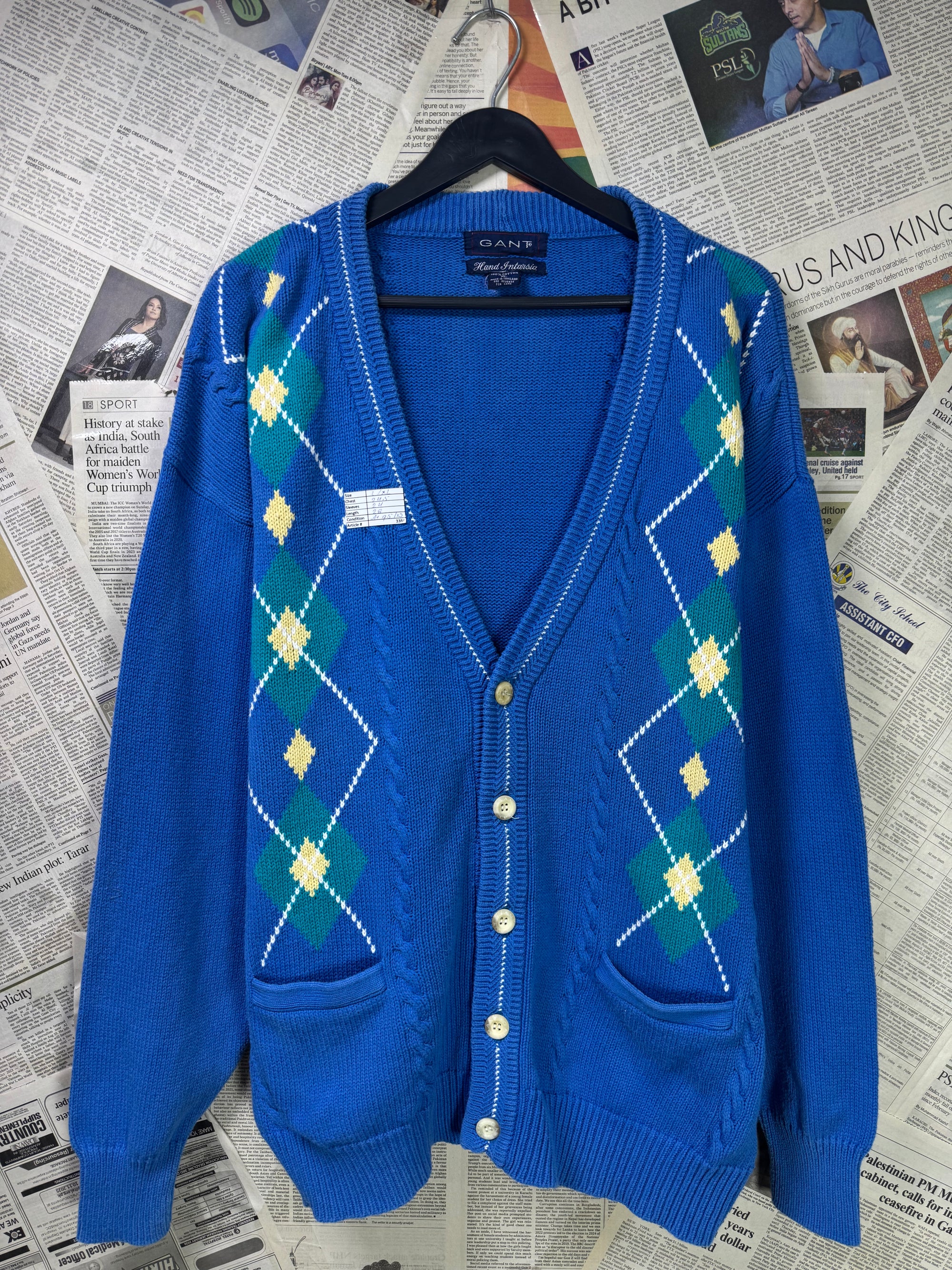 GANT® L/XL | Chest: 24.5" | Blue | Cable Knit Hand Intarsia Cardigen | Cotton | 3384 - Genuine Maal