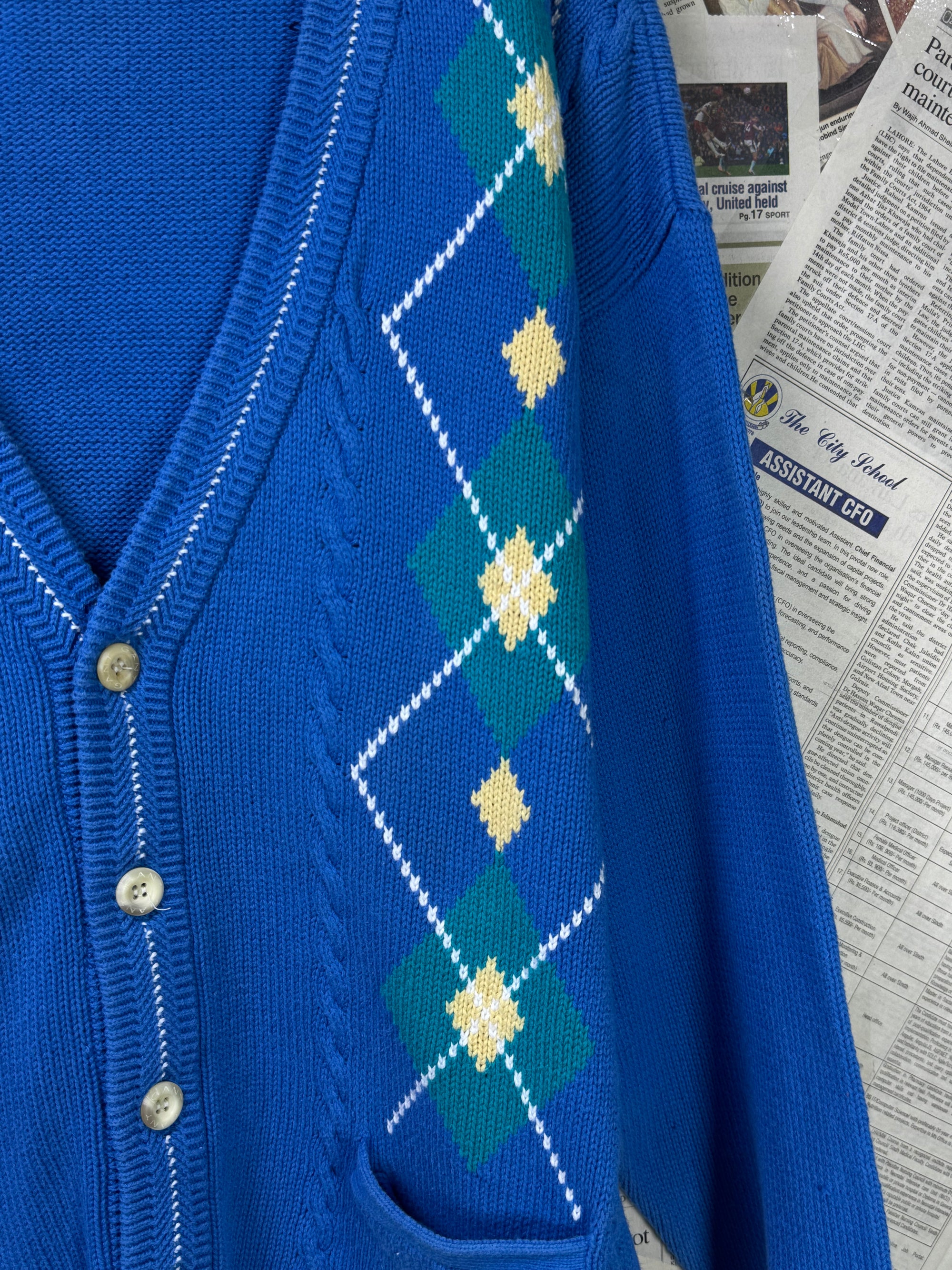 GANT® L/XL | Chest: 24.5" | Blue | Cable Knit Hand Intarsia Cardigen | Cotton | 3384 - Genuine Maal