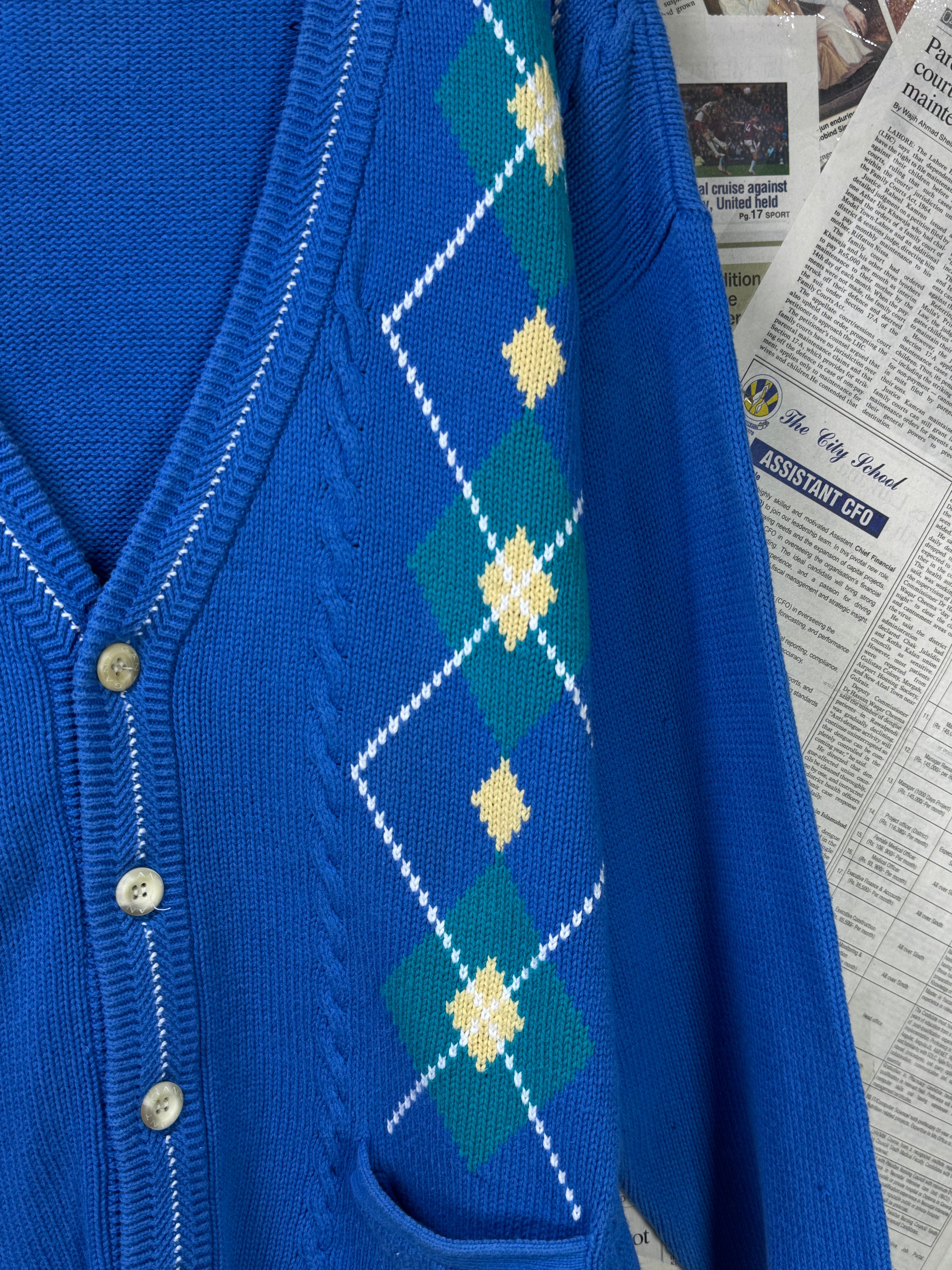 GANT® L/XL | Chest: 24.5" | Blue | Cable Knit Hand Intarsia Cardigen | Cotton | 3384 - Genuine Maal