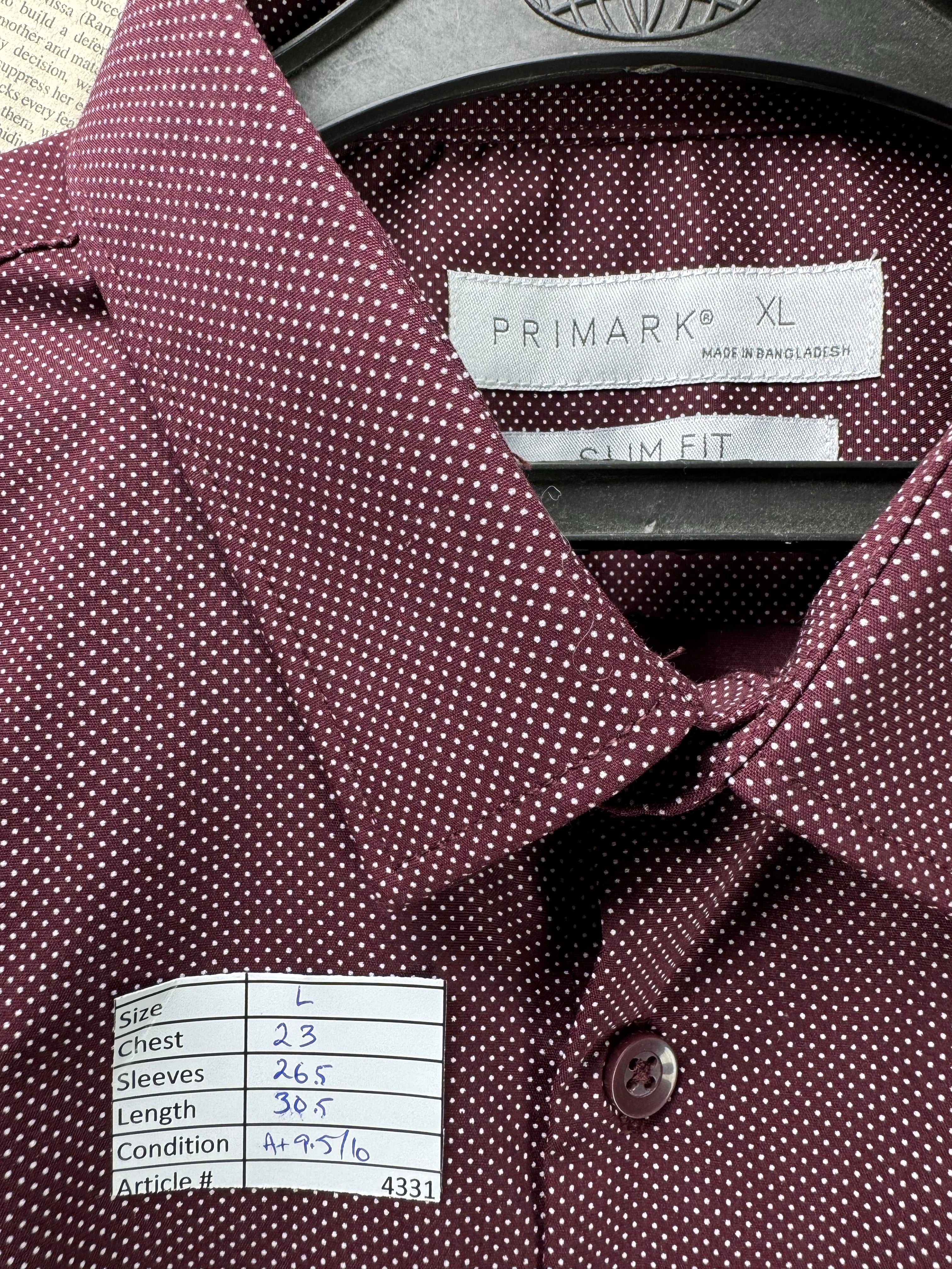 Primark® Large | Chest 23” | Maroon with Polka Dots | Shirt | Poly - Cotton - Elastane | 4331 - Genuine Maal