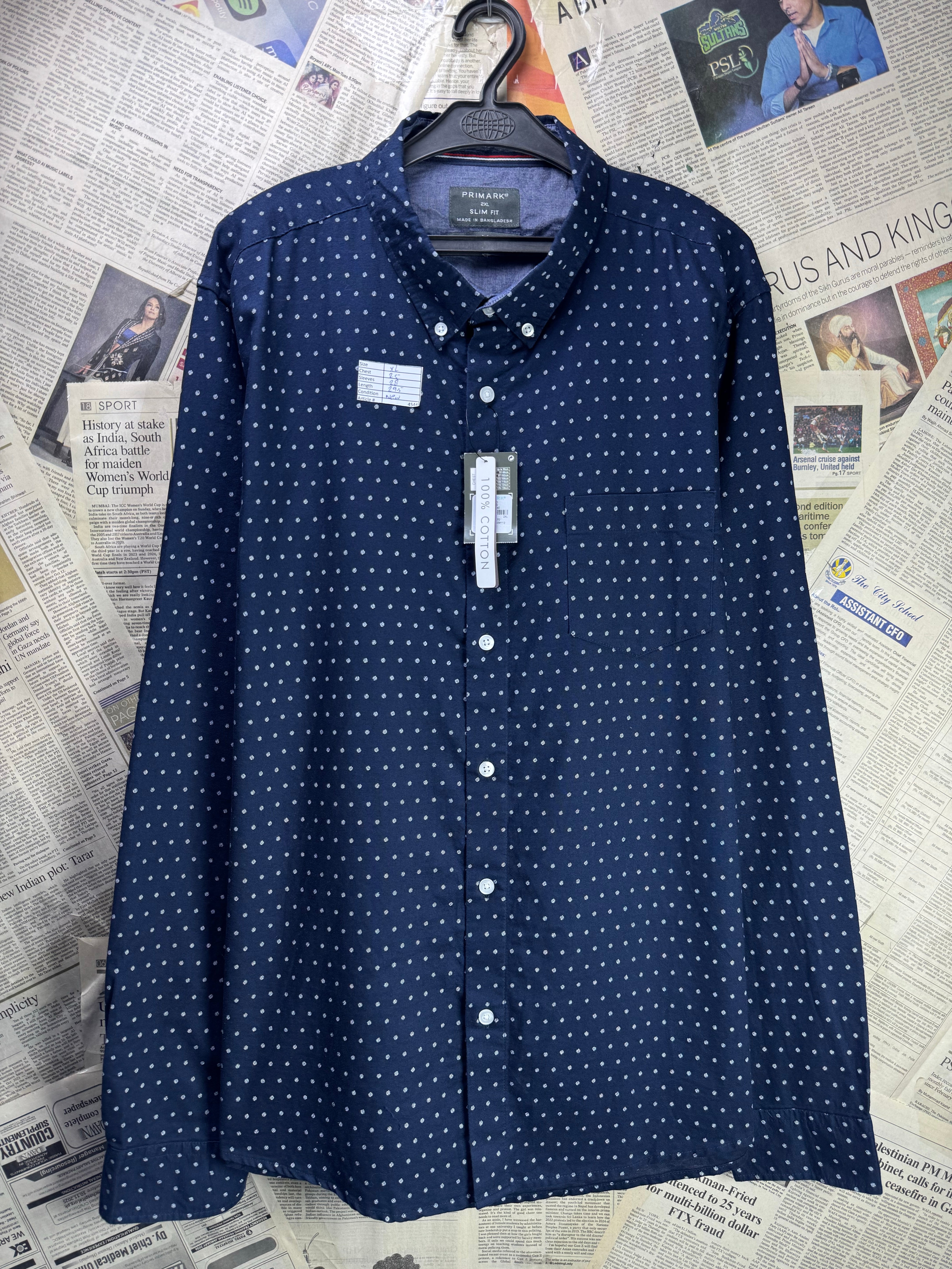 Primark® XL | Chest: 25" | Blue with Dots | Shirt | Cotton | 4544 - Genuine Maal