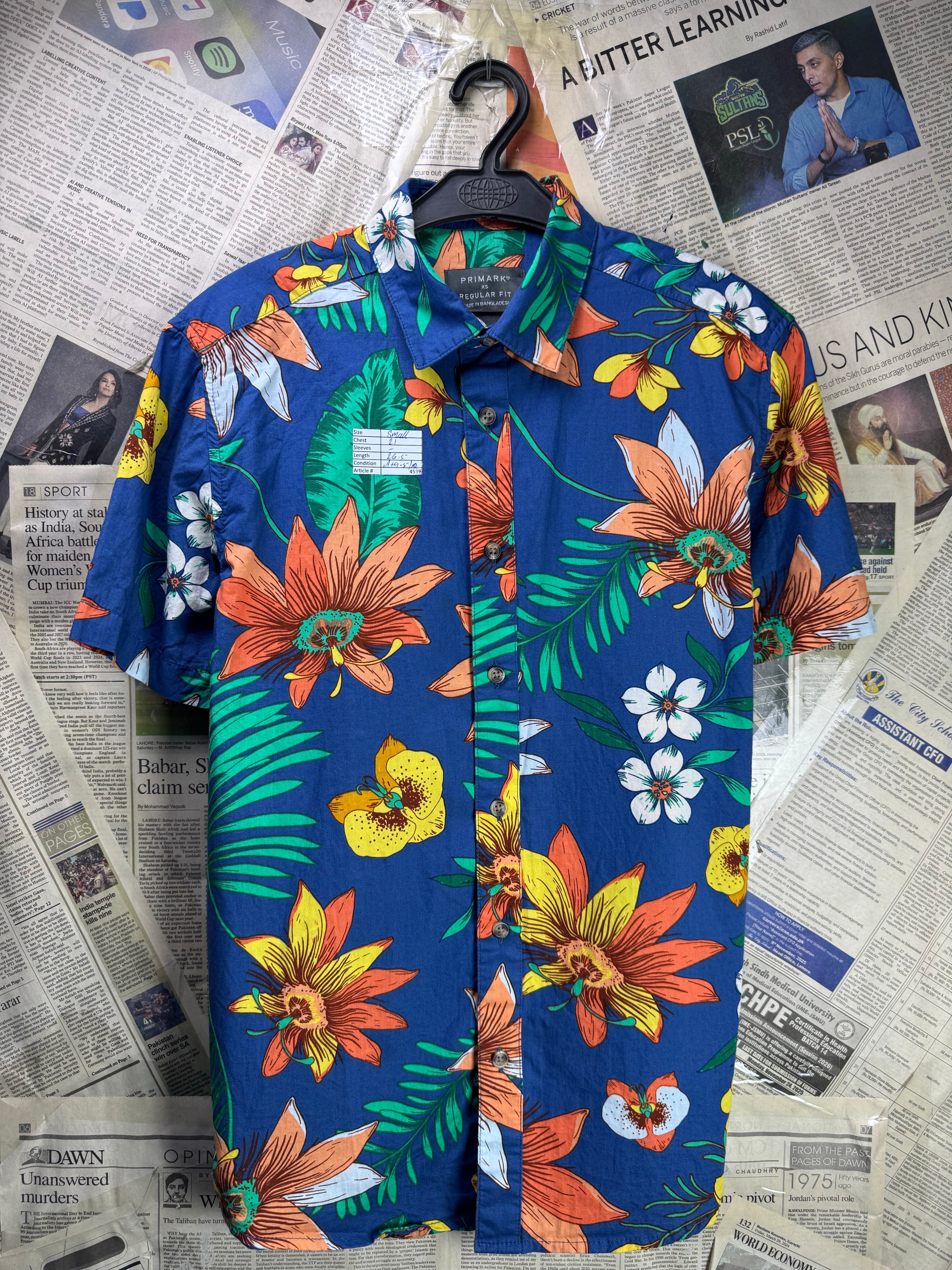 Primark® Small | Chest: 21" | Floral Blue | Shirt | Cotton | 4539 - Genuine Maal