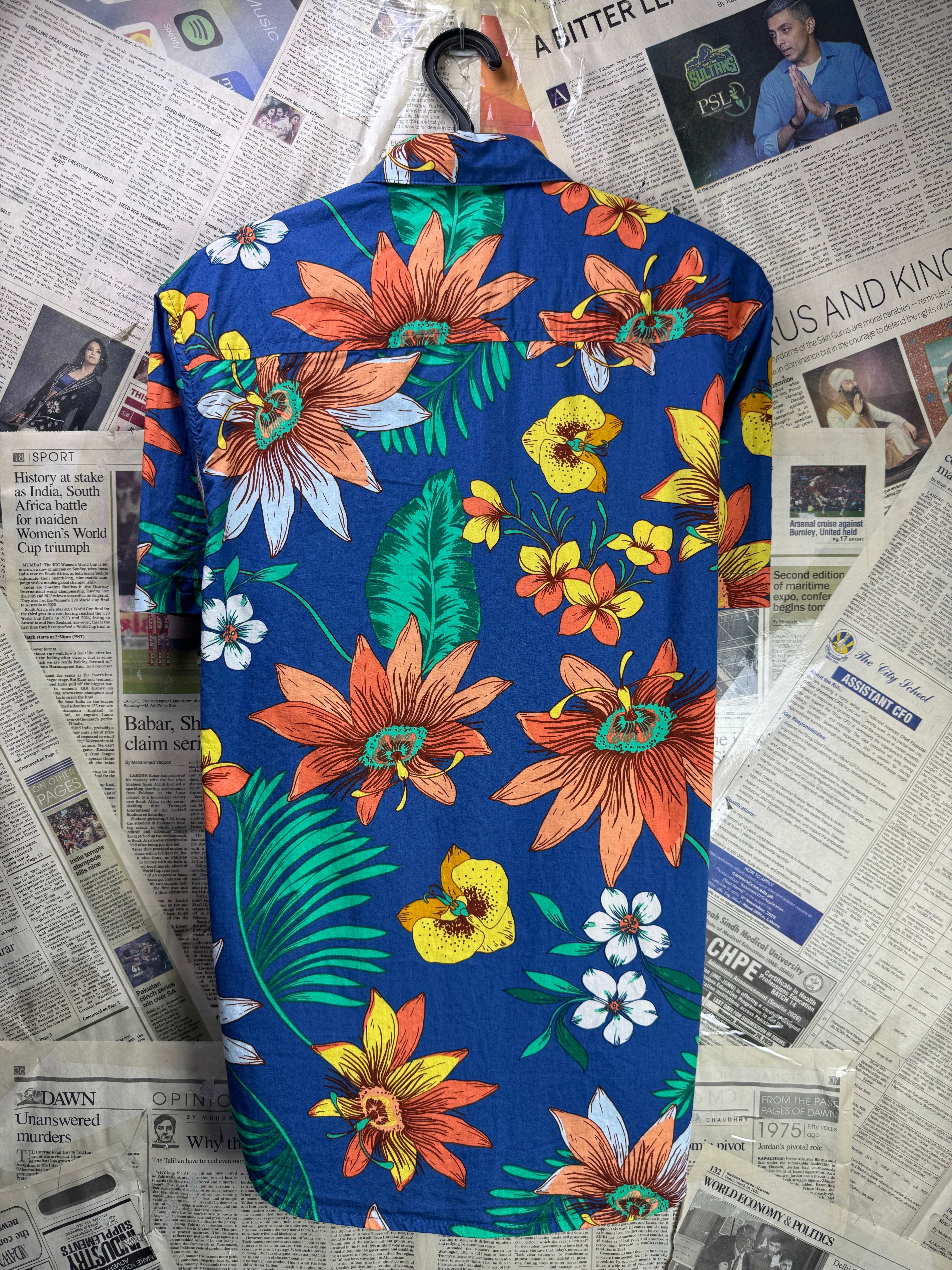 Primark® Small | Chest: 21" | Floral Blue | Shirt | Cotton | 4539 - Genuine Maal