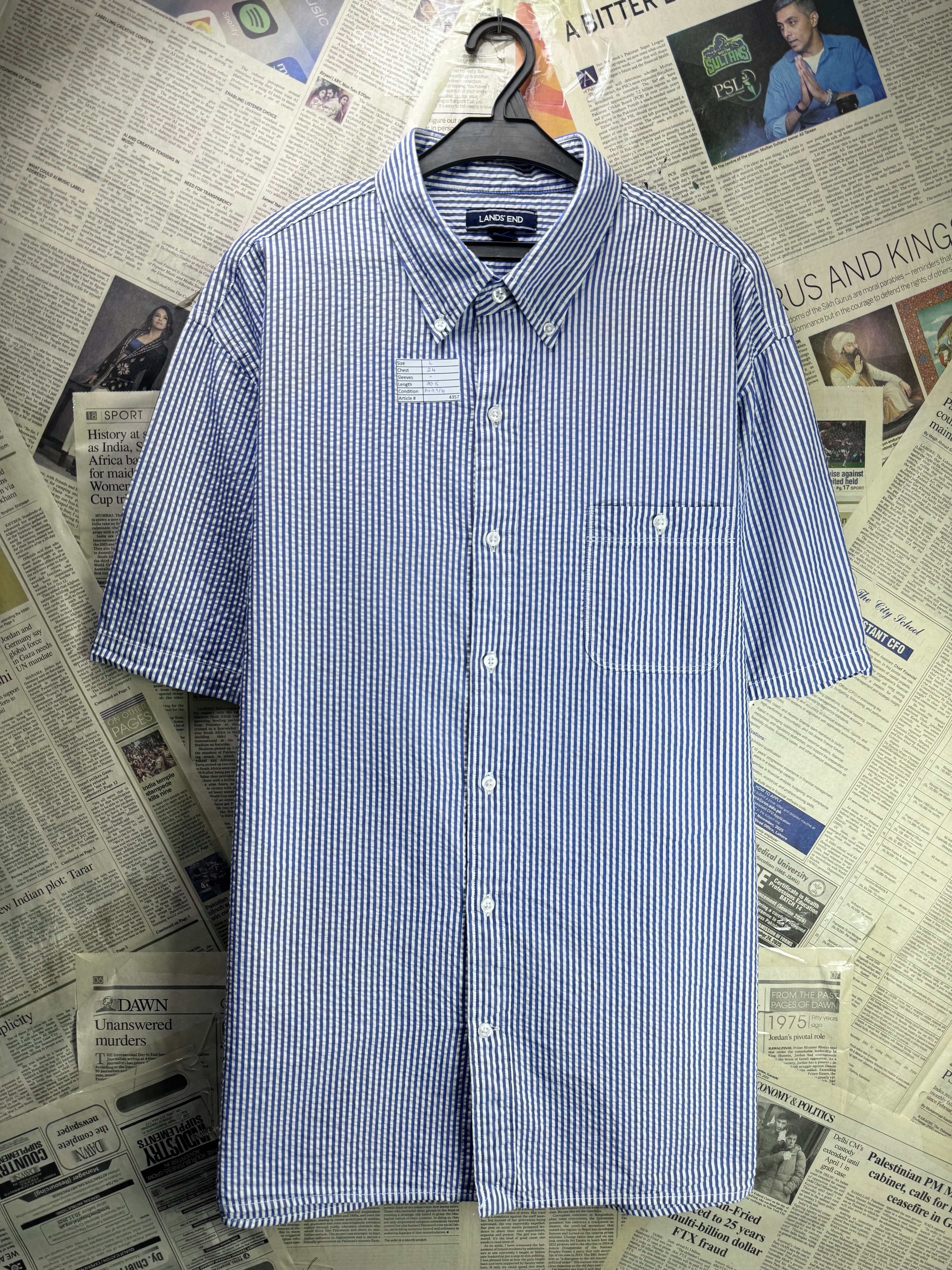 Land's End® Large | Chest 24” | Blue Stripe Seersucker | Collar 16.5" Shirt | Cotton | 4357 - Genuine Maal