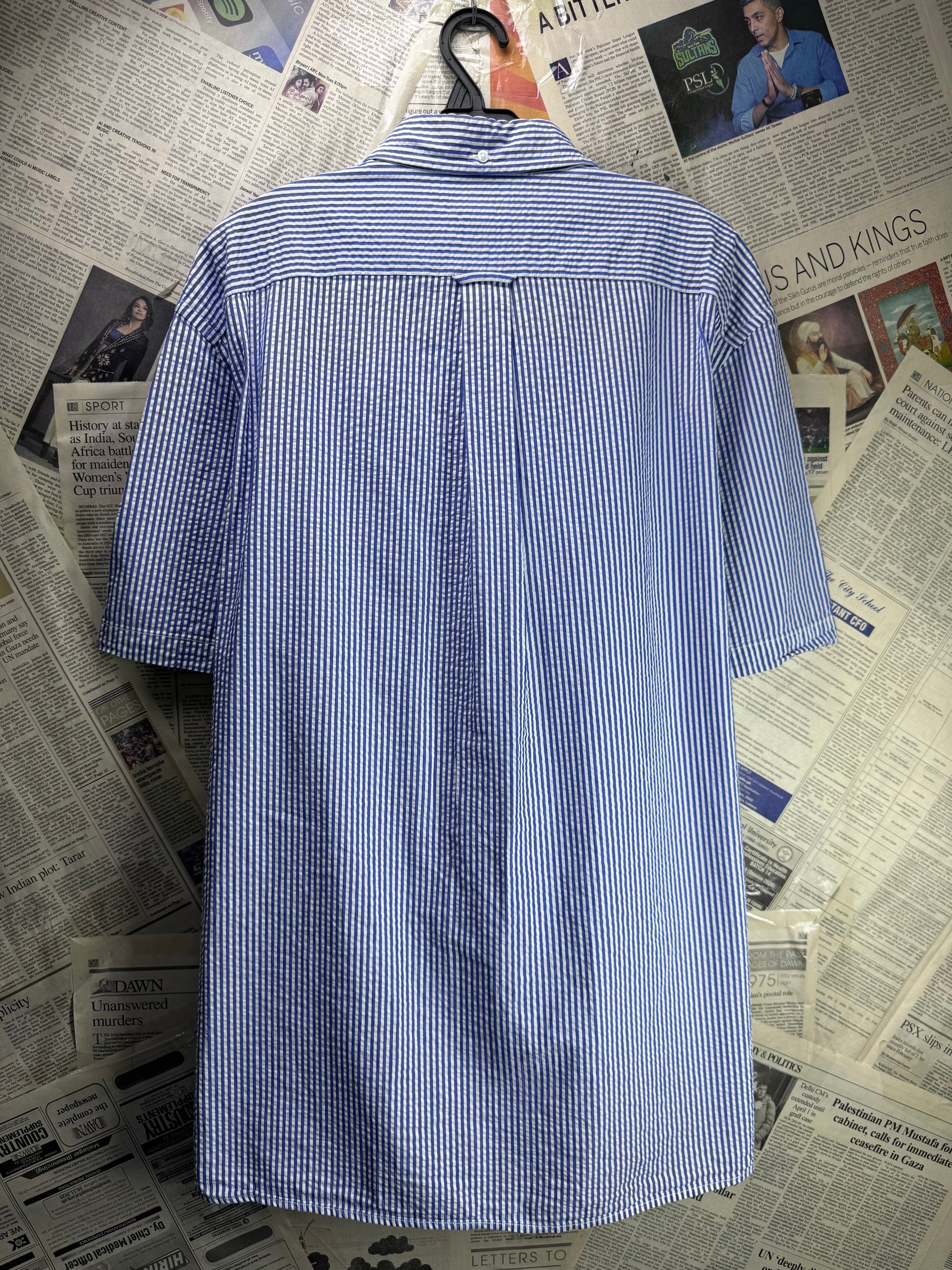 Land's End® Large | Chest 24” | Blue Stripe Seersucker | Collar 16.5" Shirt | Cotton | 4357 - Genuine Maal