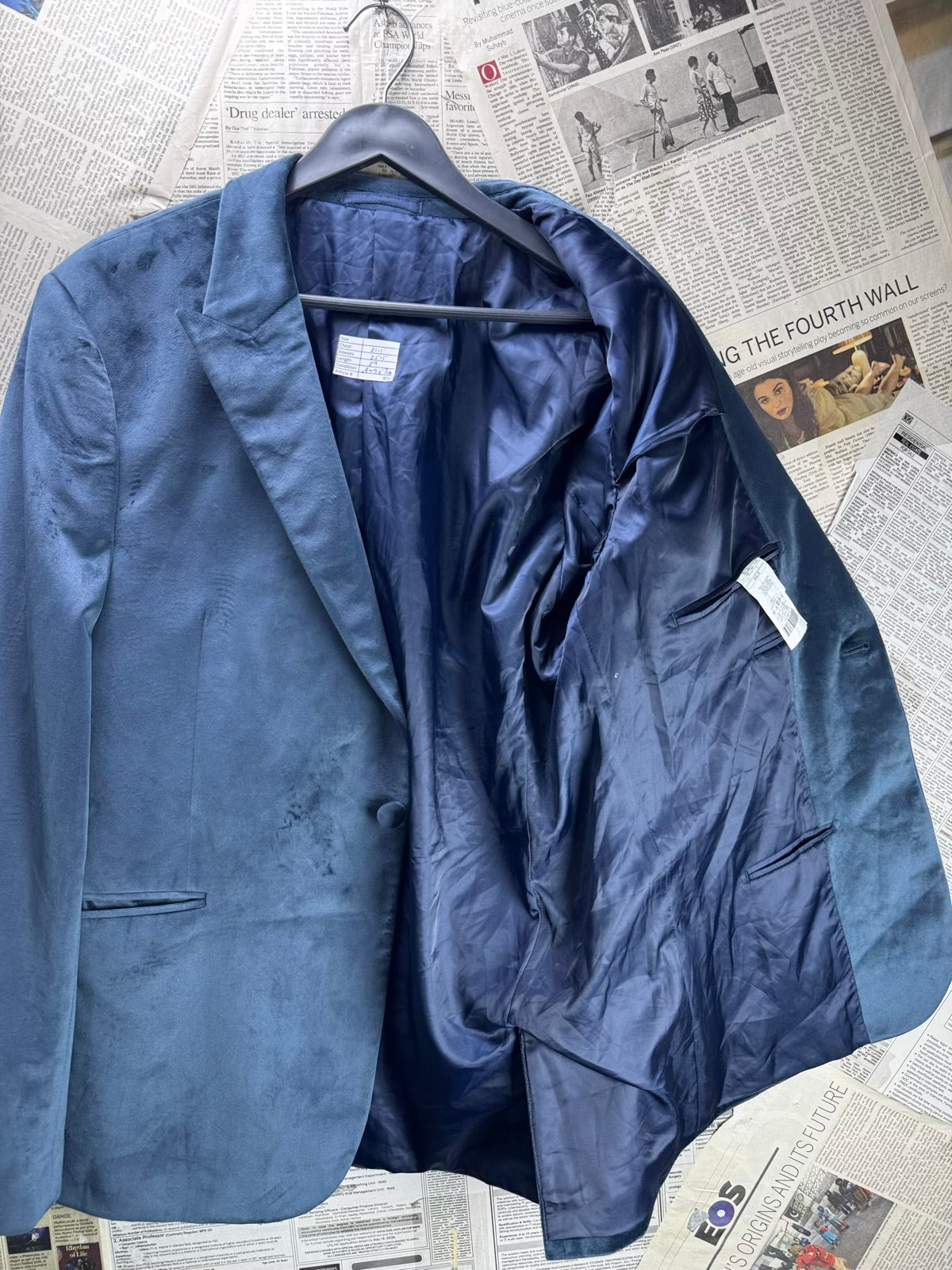 Moss London® XL | Chest: 21.5" | 44R | Blue | Skinny Fit Velvet Blazer | Poly | M35 - 8060