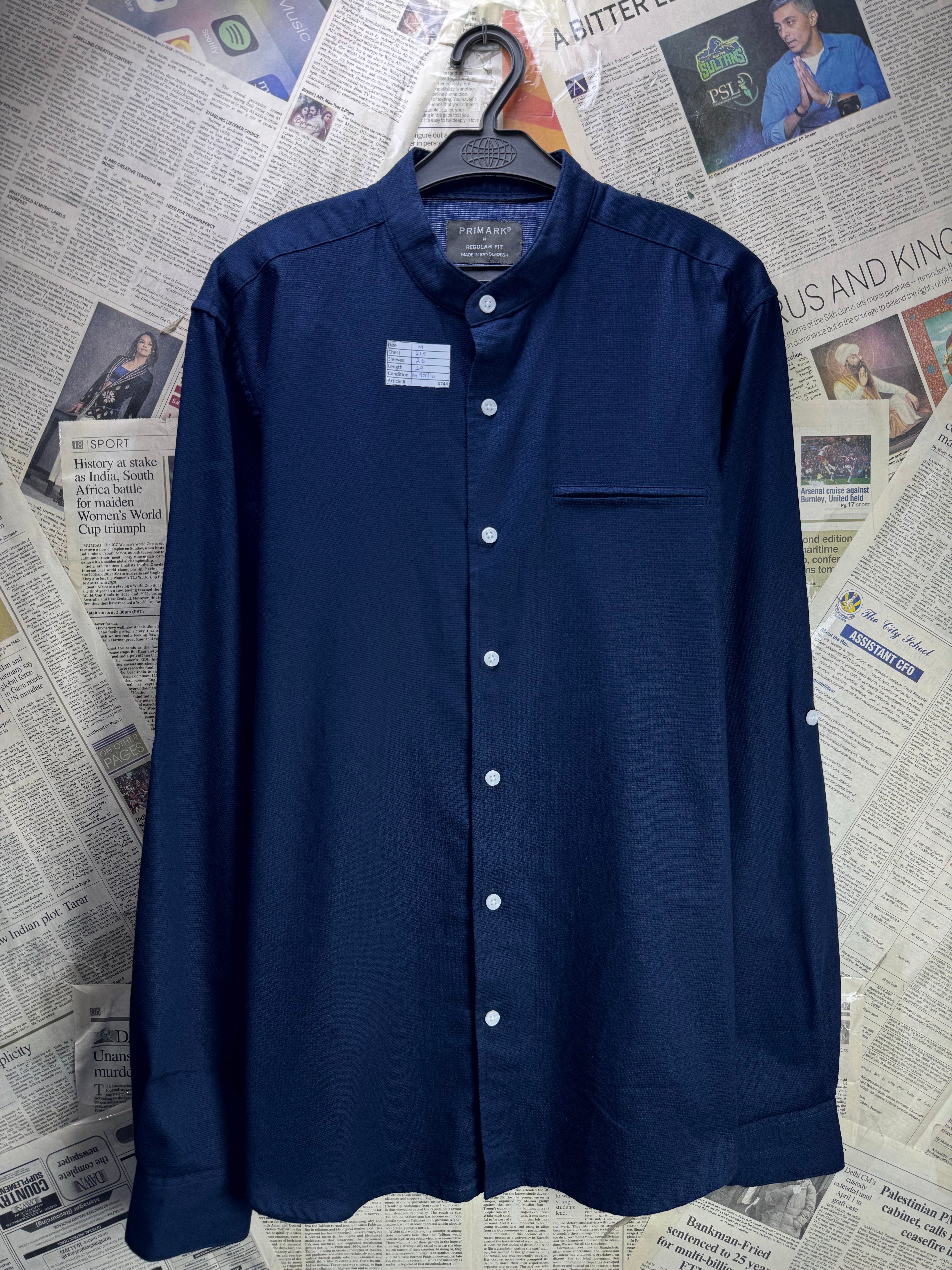 Primark® Medium | Chest: 21.5" | Navy Blue | Band Collar Shirt | Cotton | 4744 - Genuine Maal