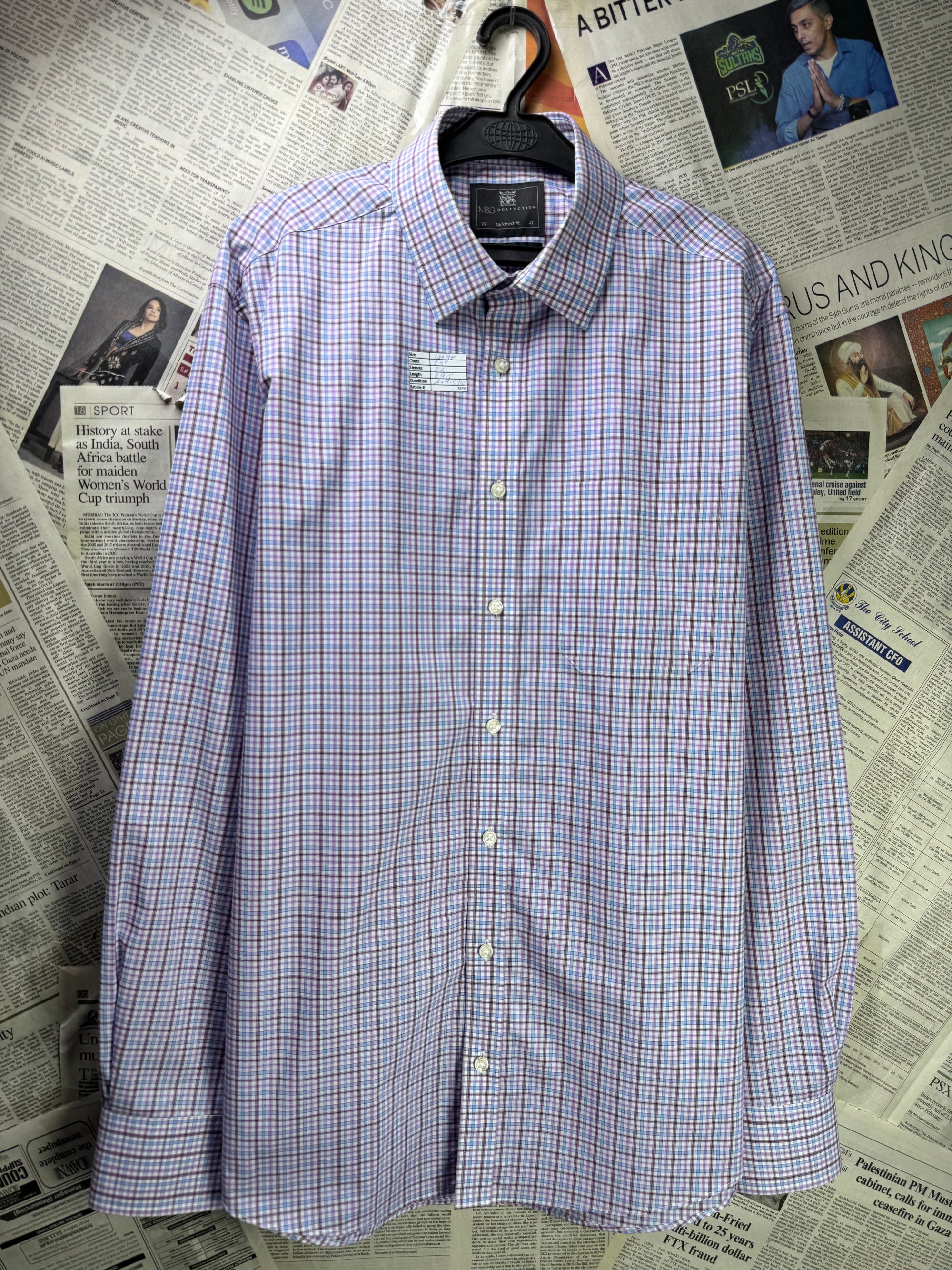 M&S® Large | Chest: 23" | Light Blue | Check Dress Shirt | Cotton | 3190 - Genuine Maal