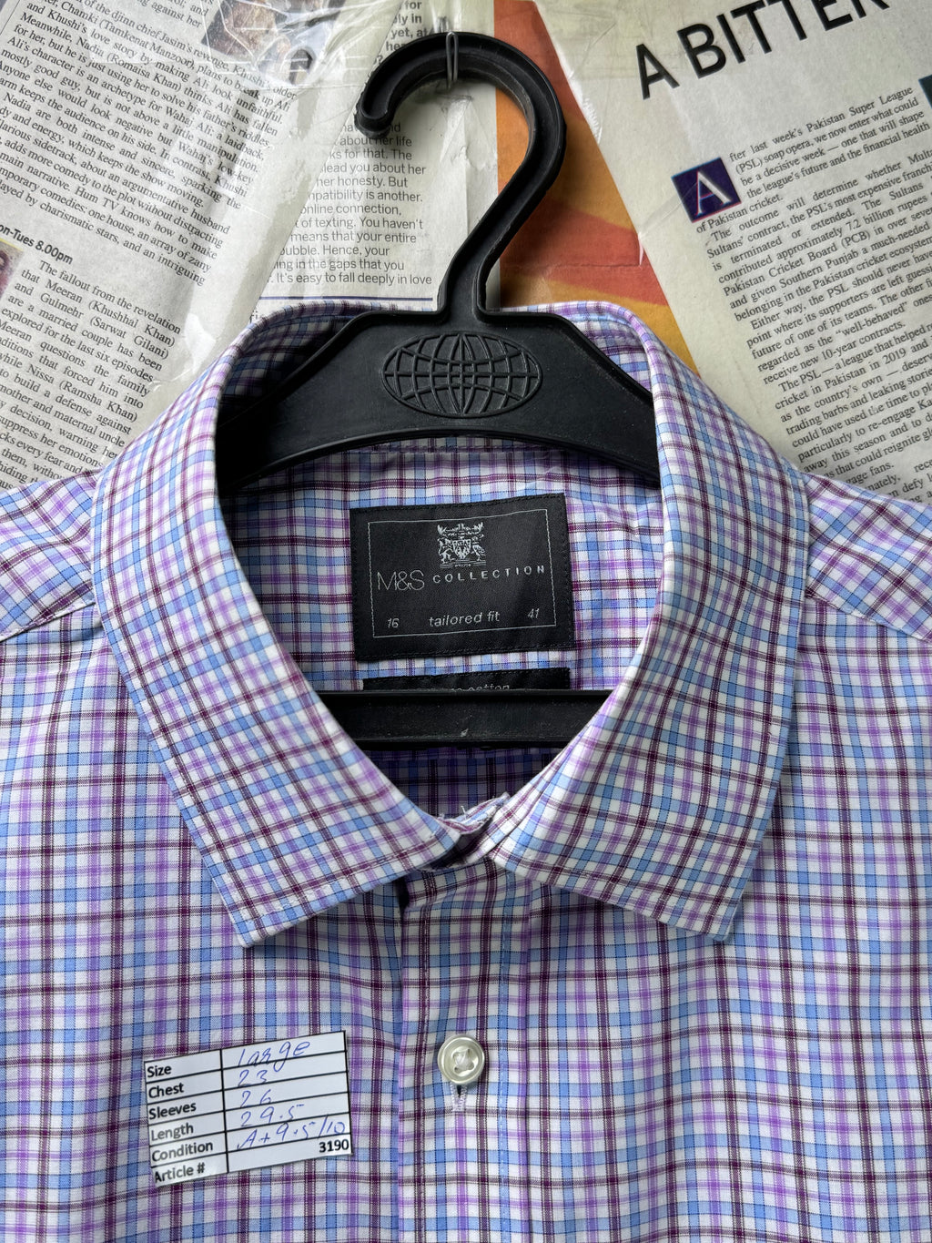 M&S® Large | Chest: 23" | Light Blue | Check Dress Shirt | Cotton | 3190 - Genuine Maal