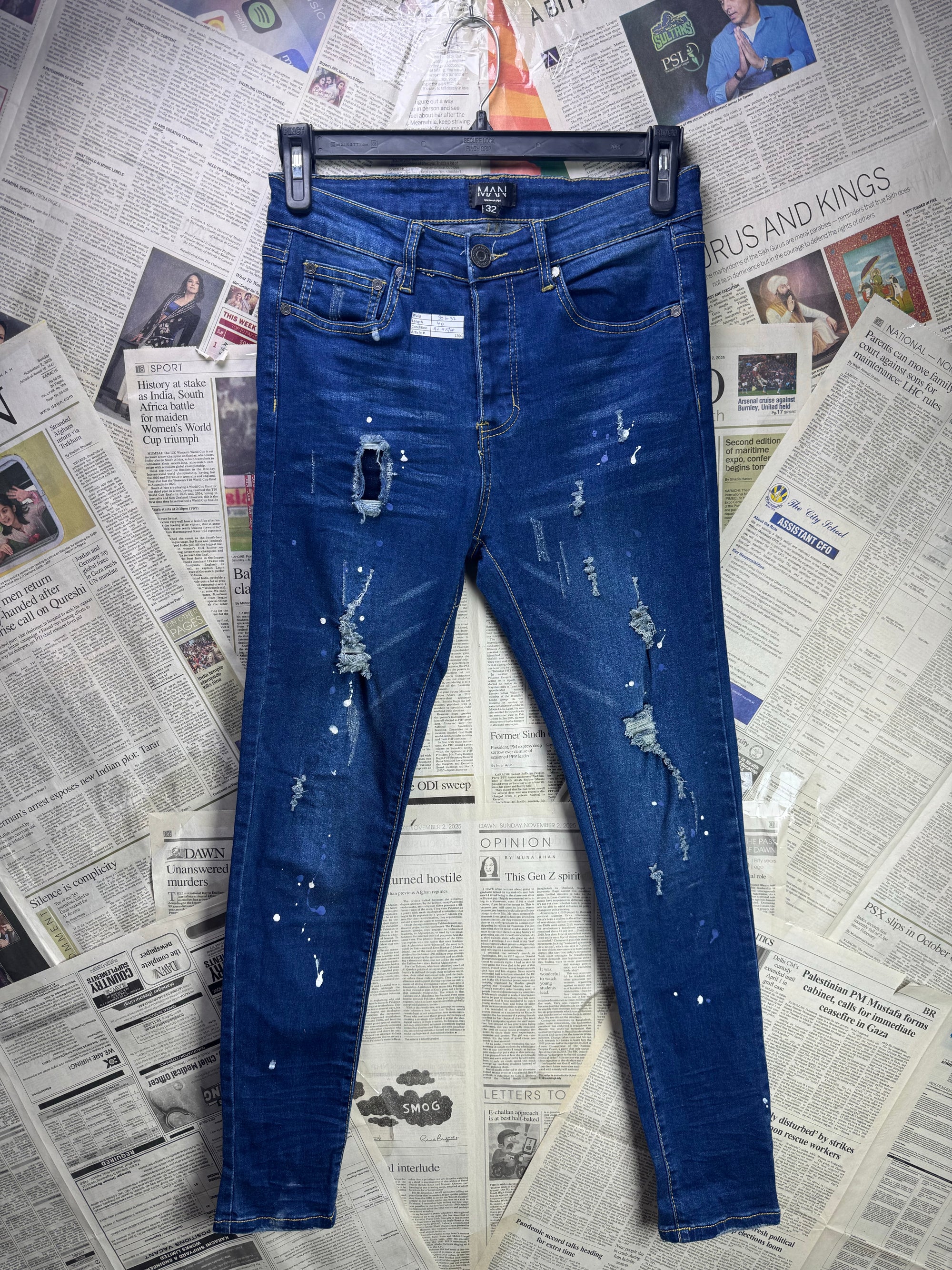 MAN® Waist: 30" to 32" | Blue | Skinny Fit Distressed Denim Pants | Cotton - Poly - Elastane | 1206 - Genuine Maal