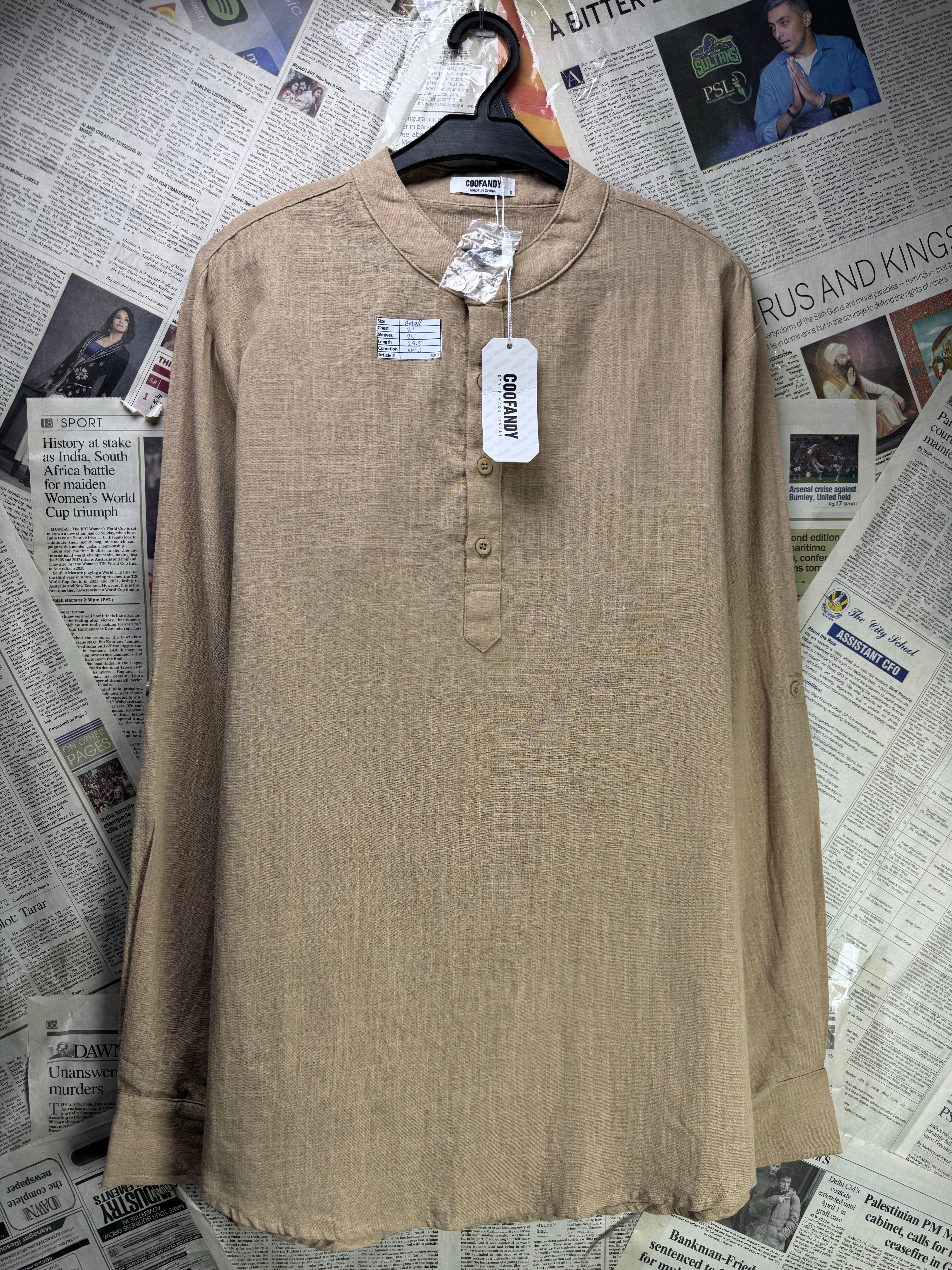 Coofandy® Small | Chest: 21" | Beige | Band Collar Half Placket Shirt | Cotton - Hemp | 3268 - Genuine Maal