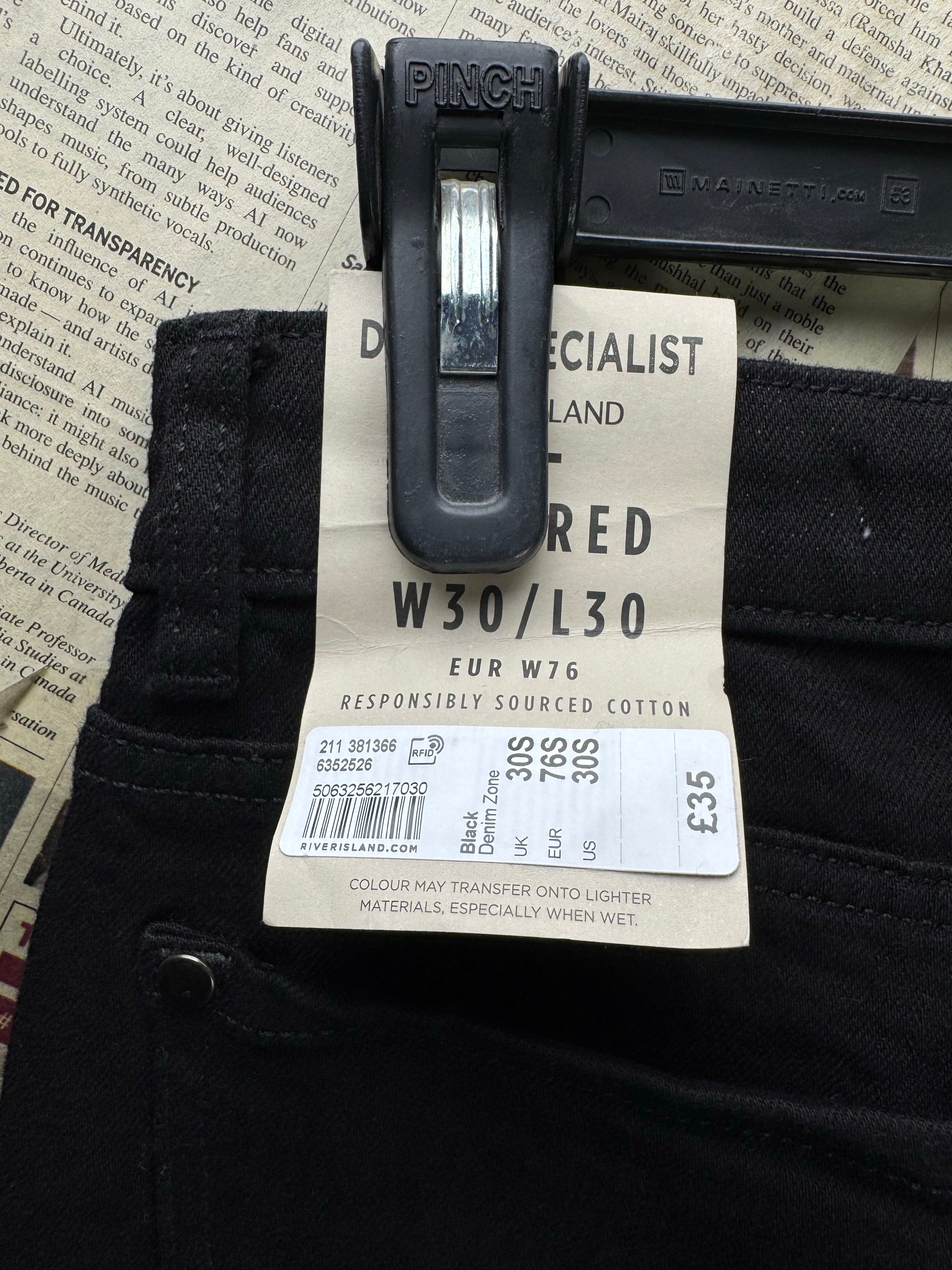 River Island® Waist: 30" to 32" | Black | Tapered Denim Pants | Cotton - Elastane | 2377 - Genuine Maal