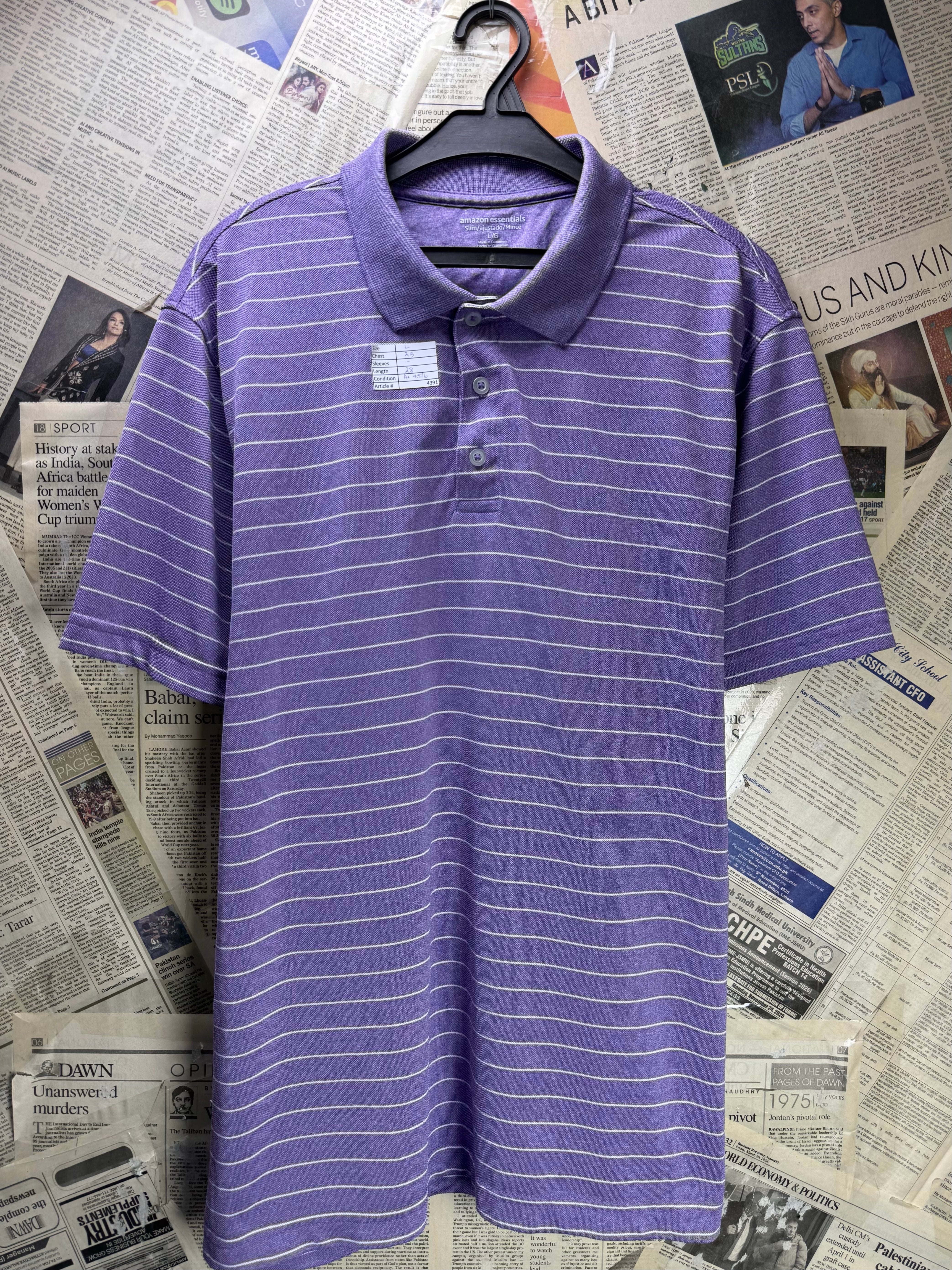 Amazon Essentials® Large | Chest: 23" | Stripes | Golf Polo | Polyester | 4391 - Genuine Maal