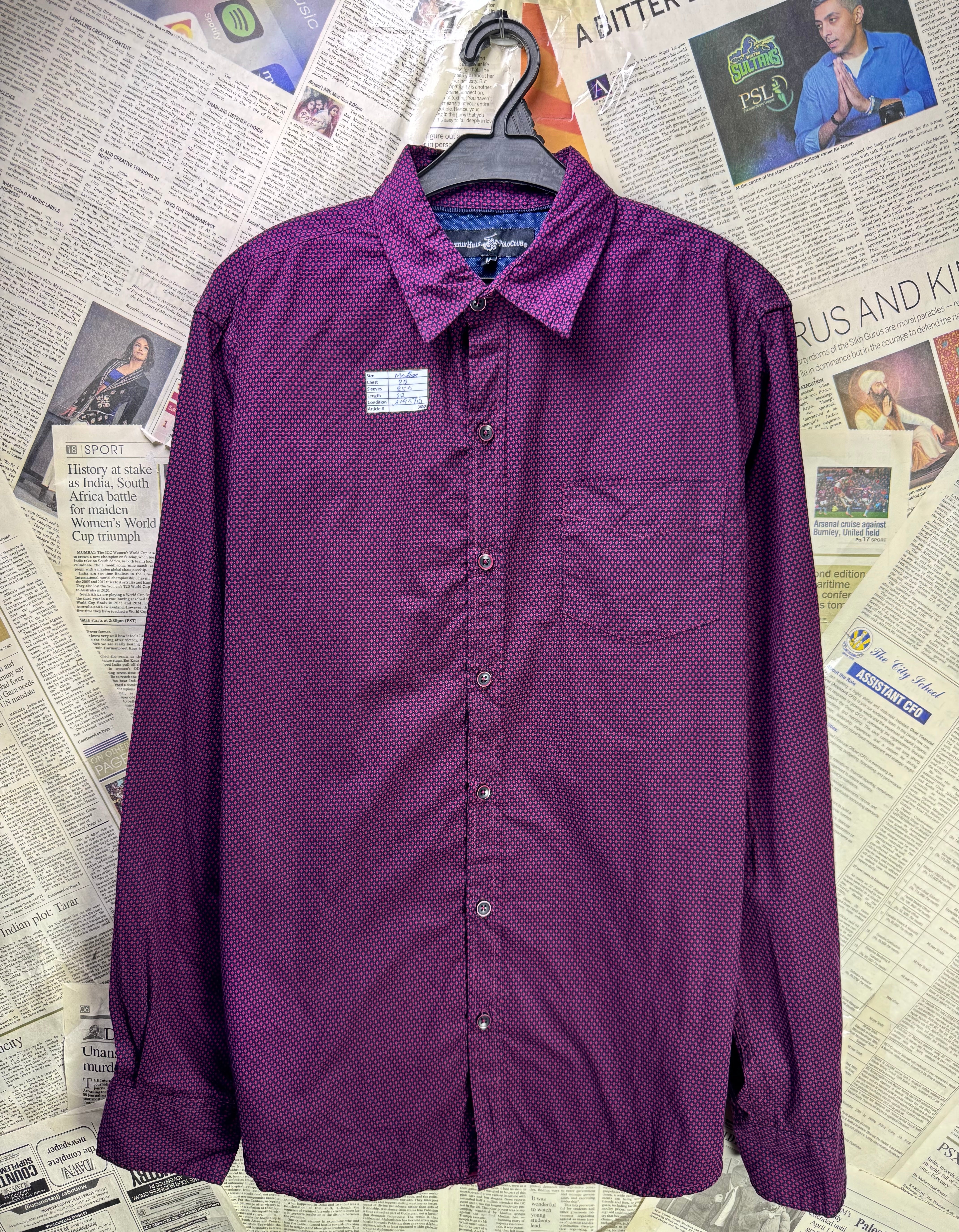 BeverlyHills® Medium | Chest: 22" | Purple Geometic Pattern | Shirt | Cotton | 3650 - Genuine Maal