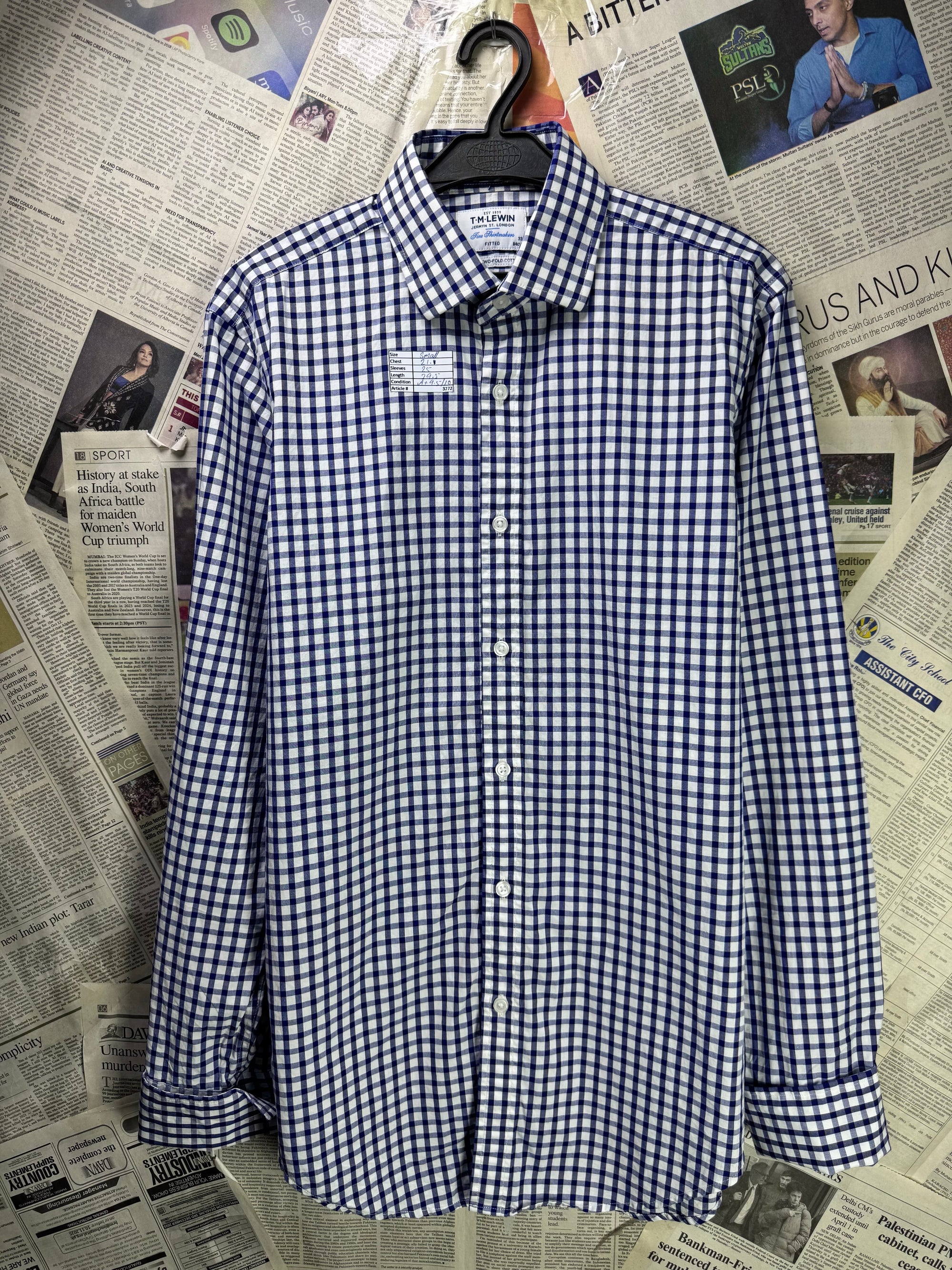 TM LEWIN® Small | Chest: 21" | Blue & White Check | Formal Shirt | Cotton | 3272 - Genuine Maal
