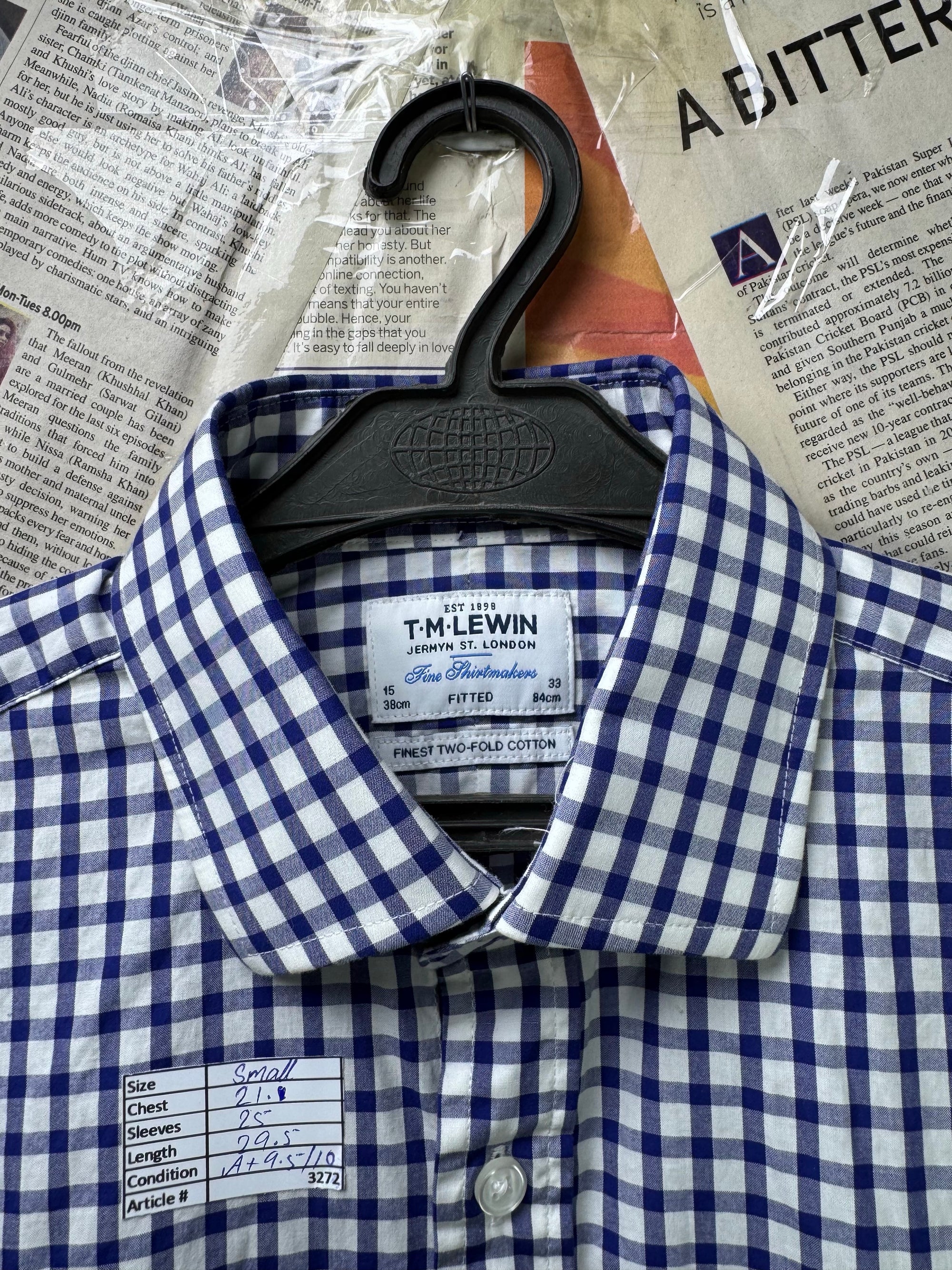 TM LEWIN® Small | Chest: 21" | Blue & White Check | Formal Shirt | Cotton | 3272 - Genuine Maal