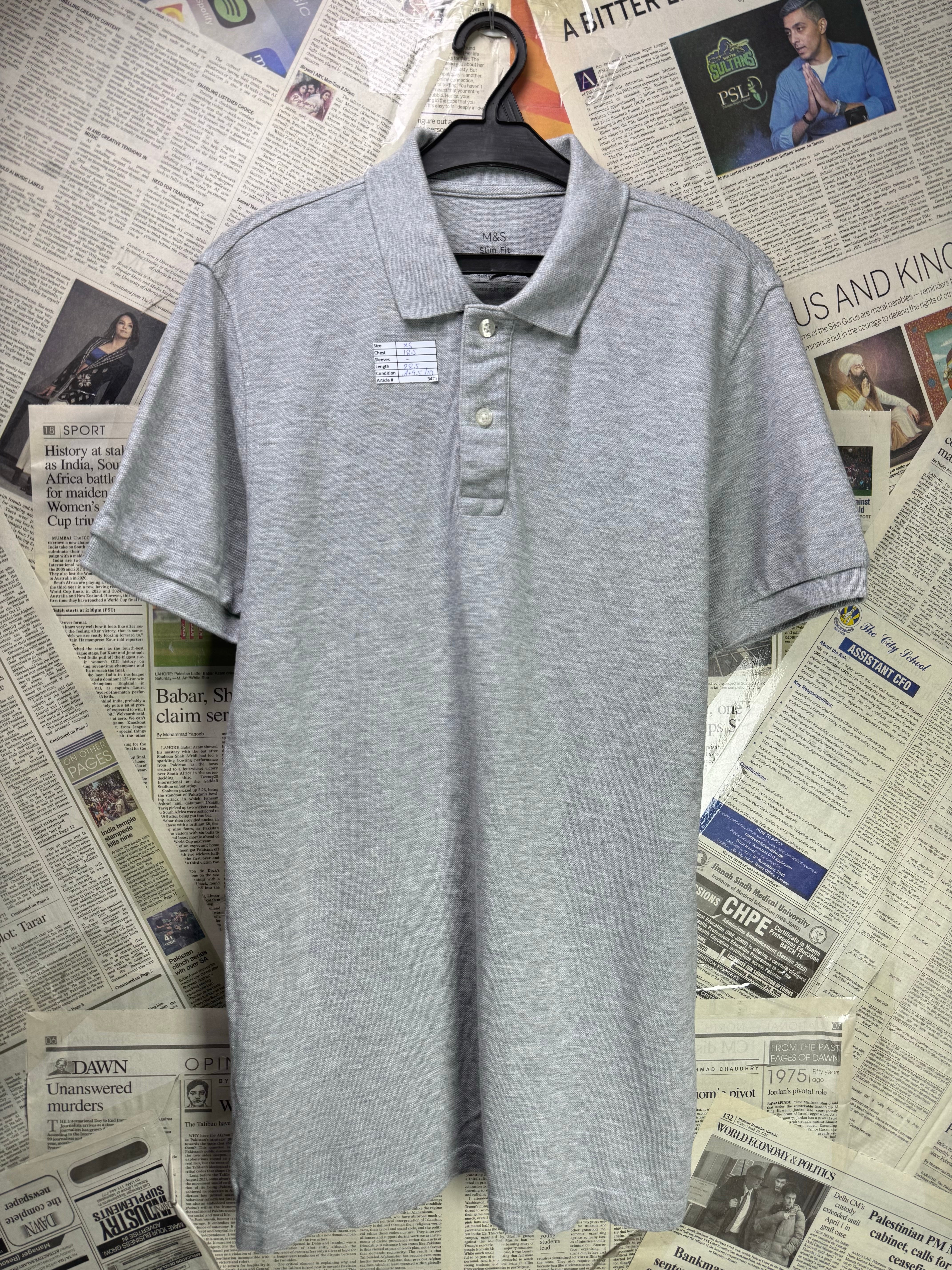 M&S® XS | Chest: 18.5" | Grey | Slim Fit Polo | Cotton | 3479 - Genuine Maal