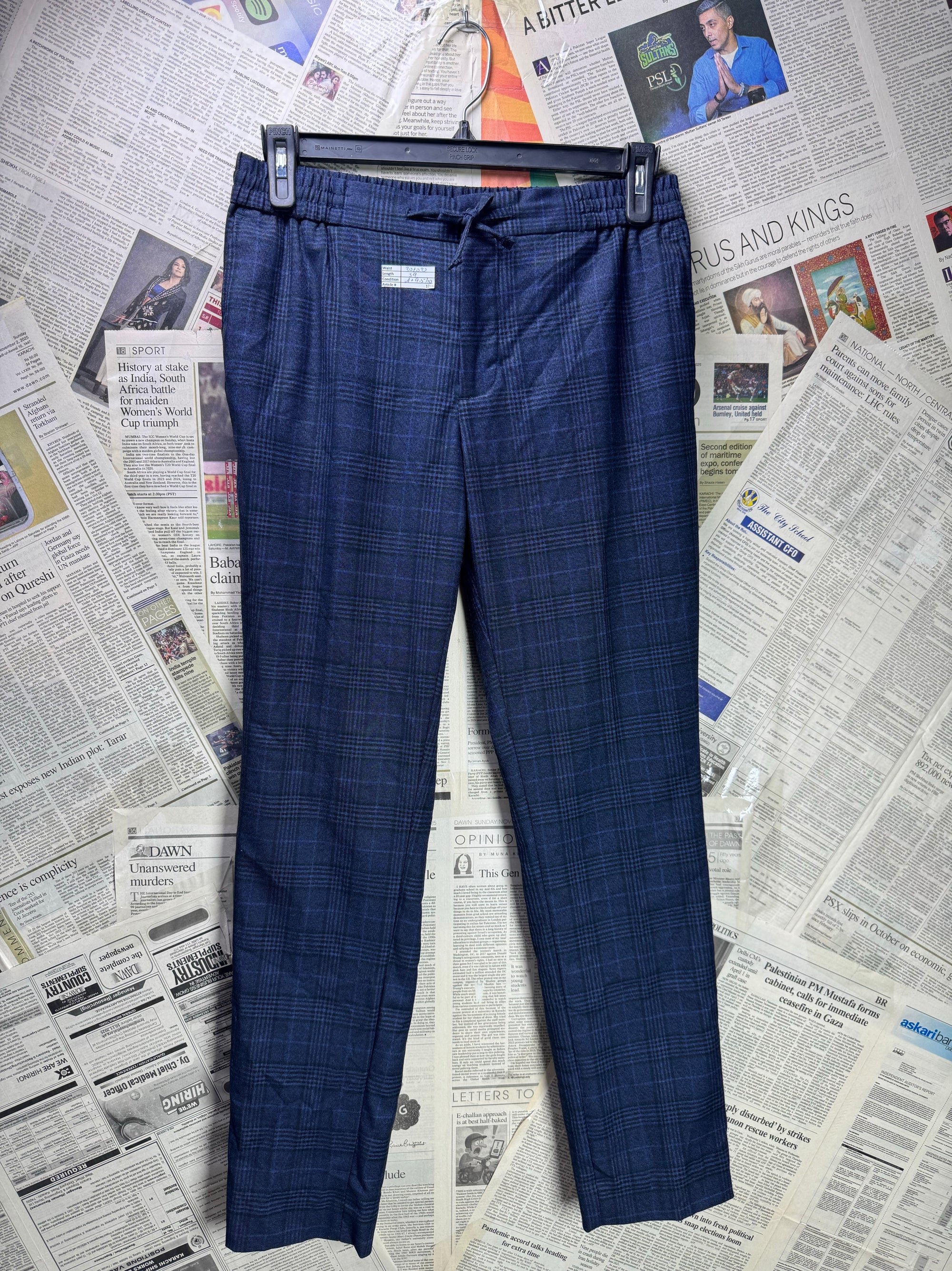 Brandeberry® Waist: 30" to 32" | Navy Blue Check | Pants with drawstrings | Poly - Viscose - Elastane | 1288 - Genuine Maal